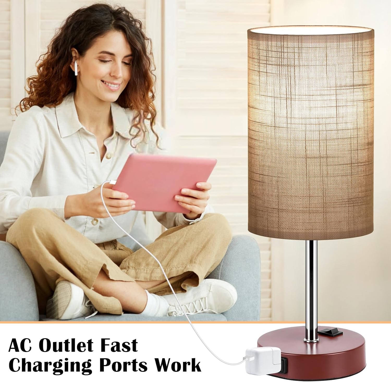 Table Lamp for Bedroom Set of 2, Bedside Small Lamps with 3 Way Dimmable Rocker Switch and AC Outlet, Nightstand Desk Lamp with Gray Fabric Shade Brown Base for Living Room Home Decor Lights