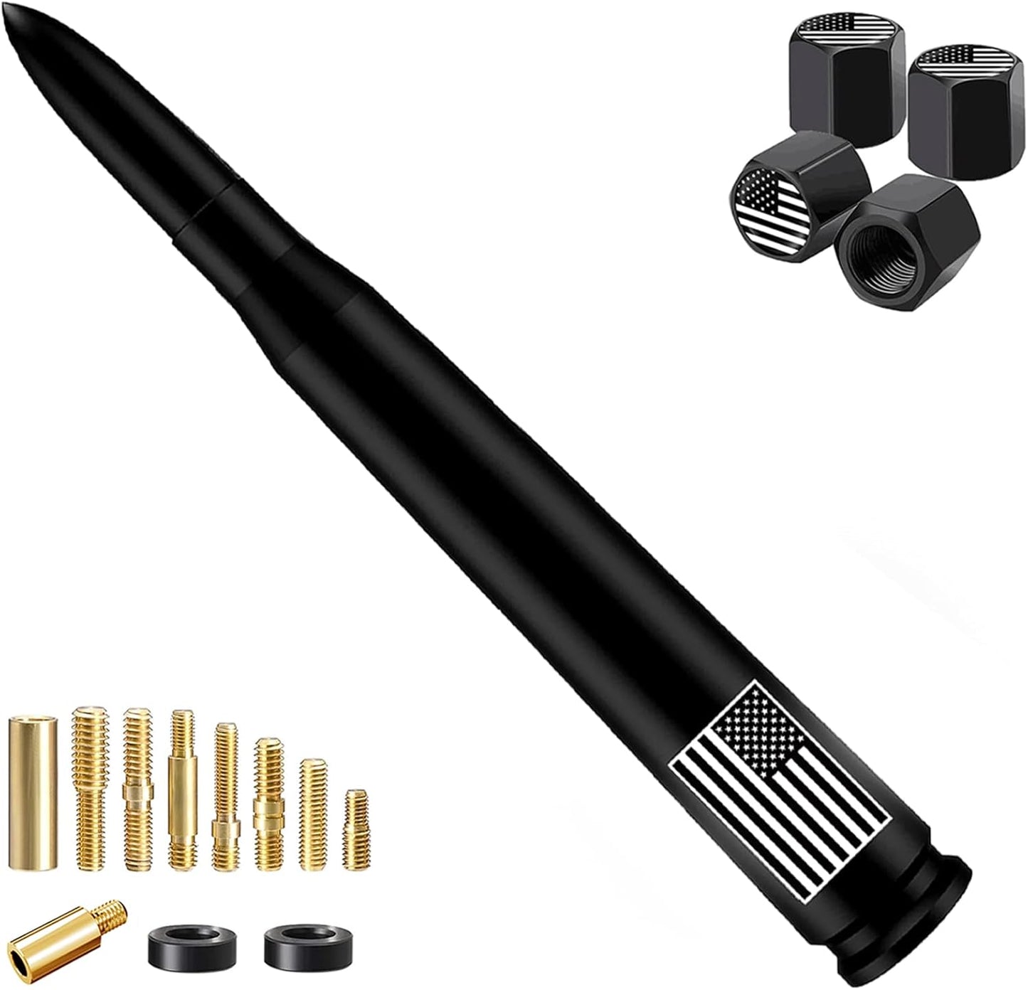 American Flag Car Truck Antenna with Valve Stem Caps, Universal Mast for GM Chevy Silverado 1500 2500 3500 HD Avalanche Ford F150 F250 F350 Denali Heavy Duty Pickup Trucks Accessories (Black)