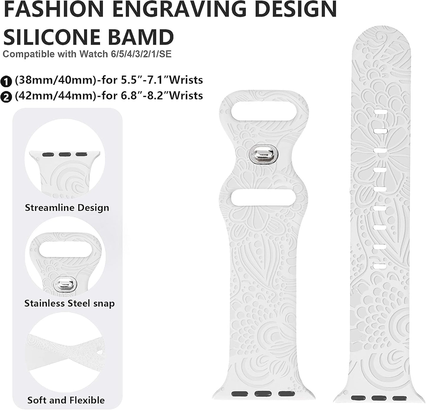 Compatible with Apple Watch Bands 38Mm 42Mm,Floral Skull Engraved Soft Silicone Sport Wristbands Cute Rose Fadeless Pattern Replacement Strap for Iwatch Series SE 7 6 5 4 3 2 1 for Women Men, Black 38/42Mm