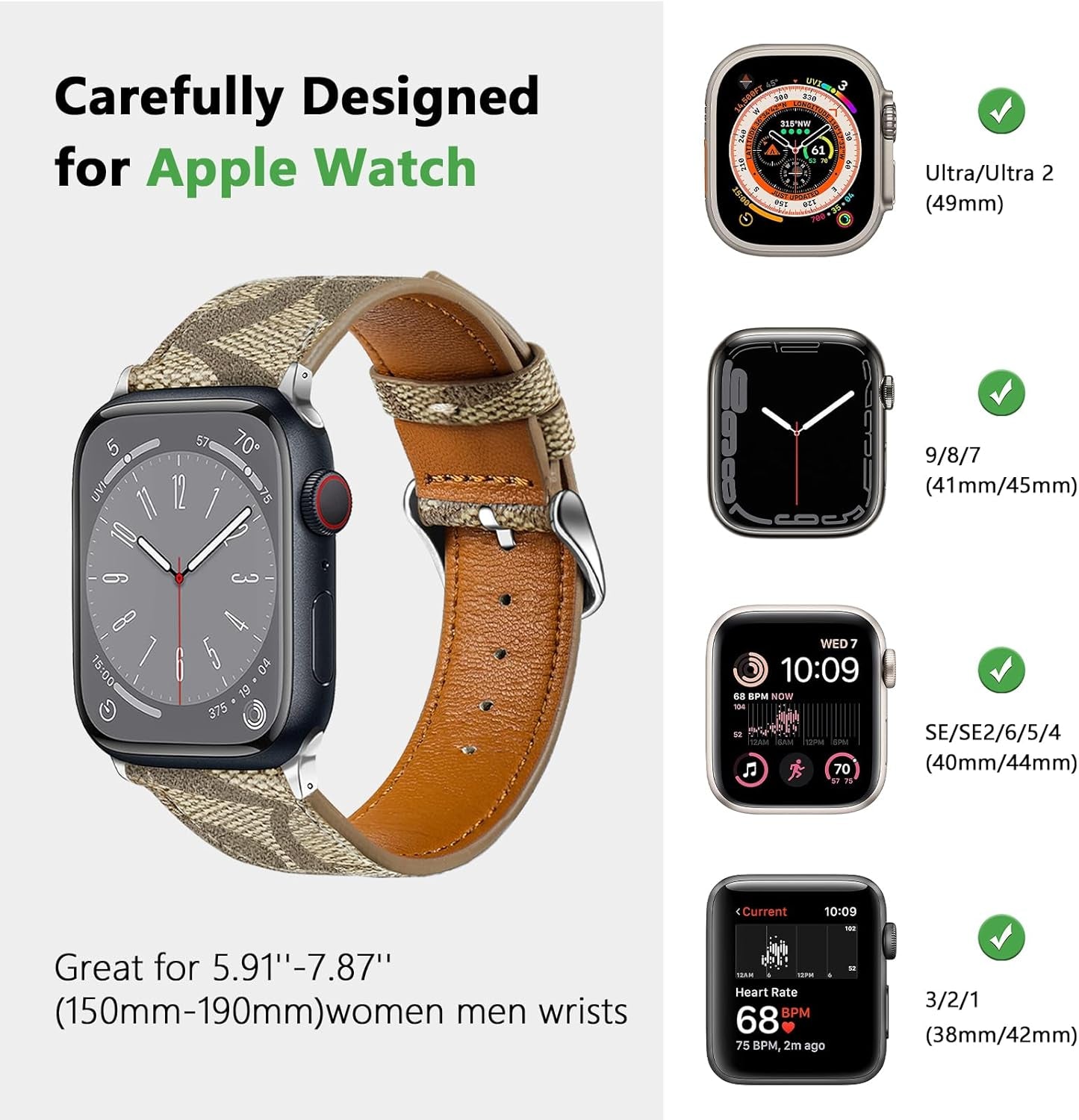 Leather Band Compatible with Apple Watch 38Mm 40Mm 41Mm 42Mm 44Mm 45Mm 49Mm Women Men, Luxury Designer Soft Wristband for Iwatch Ultra/Ultra 2 Series 9 8 7 6 5 4 3 2 1 SE
