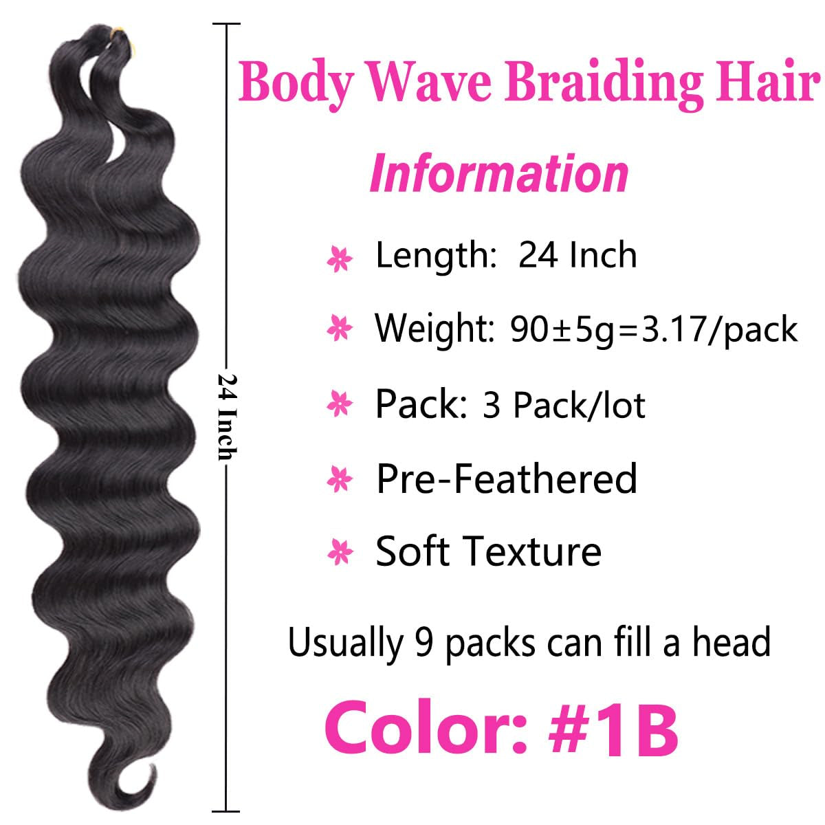 3 Packs 24 Inch Pre-Feathered Natural Black Body Wave Braiding Hair for Goddess Box Braids Crochet Hair French Curl Crochet Braids Synthetic Hair Extensions(1B#)