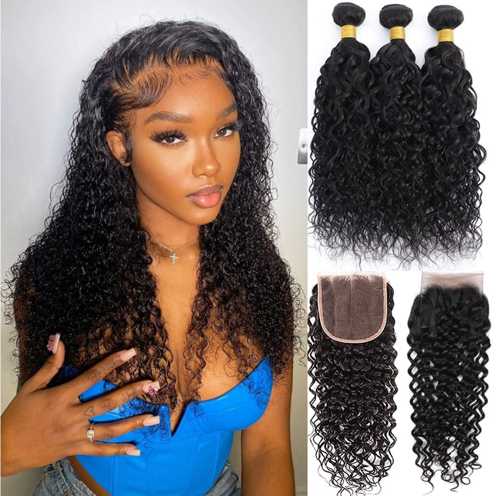 Water Wave Bundles and Closure Curly Wave Bundles with 4X4 Free Part Closure Ocean Wave Wet and Wavy Human Hair Bundles with Lace Closure (10 12 14+10) Pre Plucked with Baby Hair Natural Color