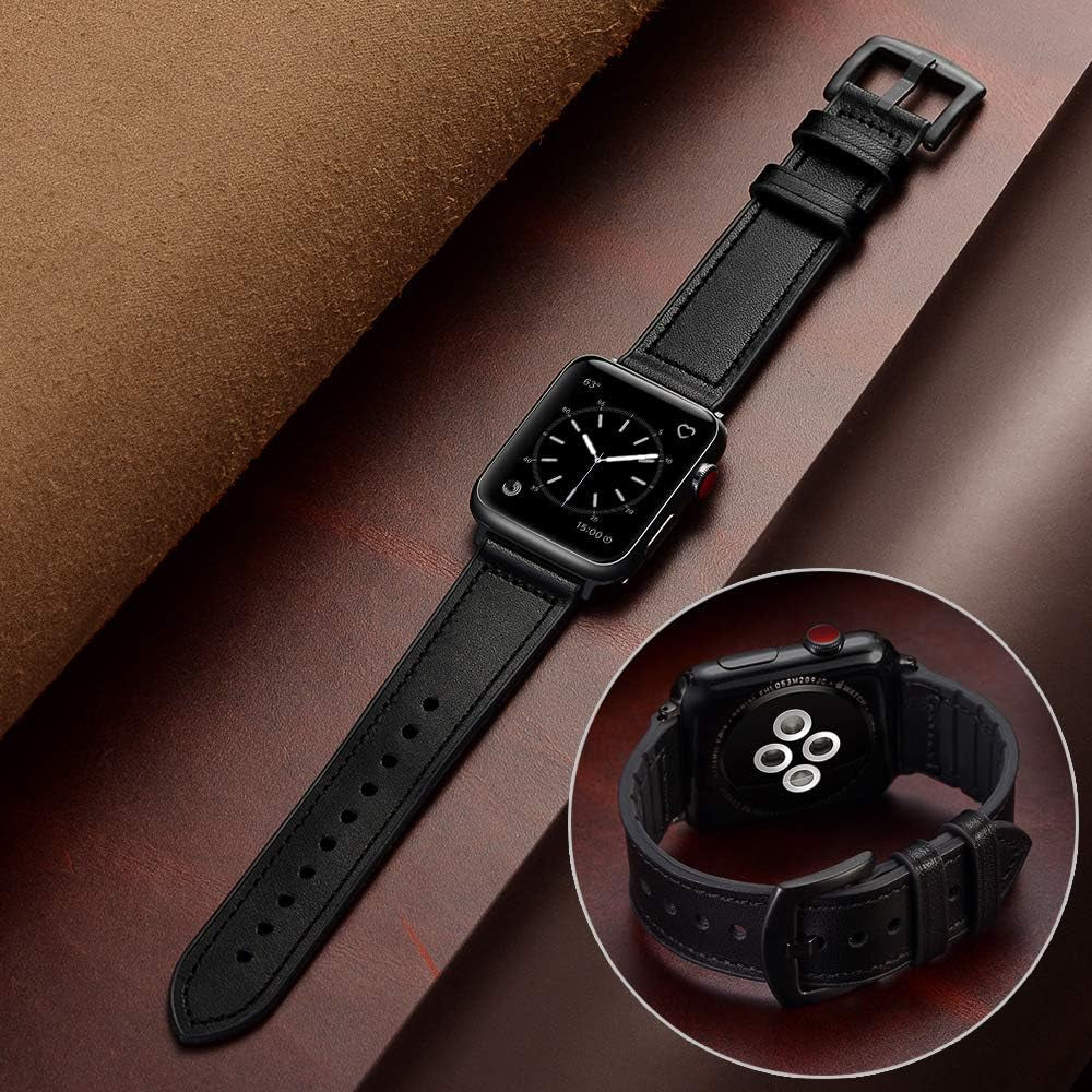 Compatible with Apple Watch Band 41Mm 40Mm 38Mm, Sweatproof Genuine Leather and Rubber Hybrid Band Strap Compatible with Iwatch Series 9 8 7 6 5 4 3 2 1 SE2 SE, Black Band with Black Adapter