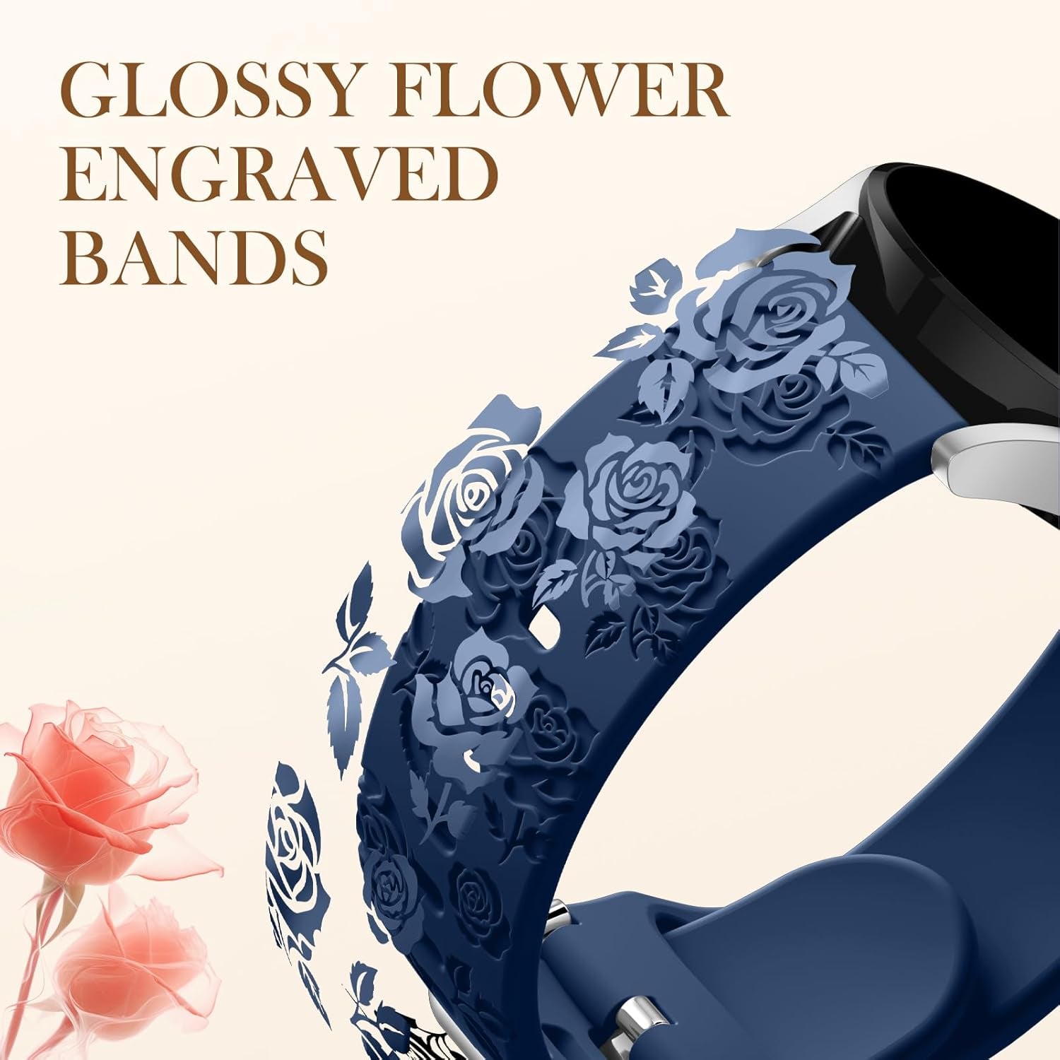 Sport Silicone Band for Samsung Watch 6 Bands 44Mm 40Mm, Galaxy Watch 4 5 Band/Galaxy Watch 5 Pro/Galaxy Watch 4 6 Classic Band, 20Mm Glossy Floral Engraved Band for Galaxy Watch 7, Deep Blue