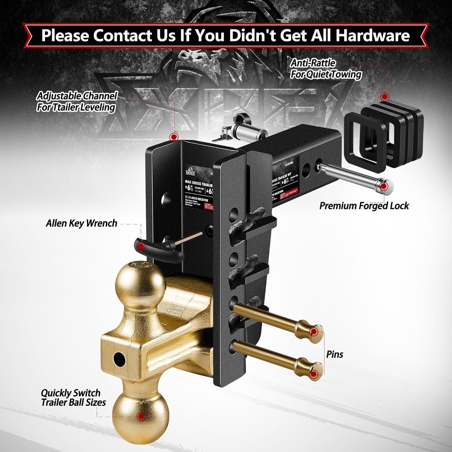 Adjustable Trailer Hitch Fits 2.5-Inch Receiver,6-Inch Drop/Rise,2"&2-5/16" Ball Hitches with 28,000 LBS GTW for Heavy Duty Truck,Solid Ball Mount,Blk,652506-1 TRUCK DRIVER