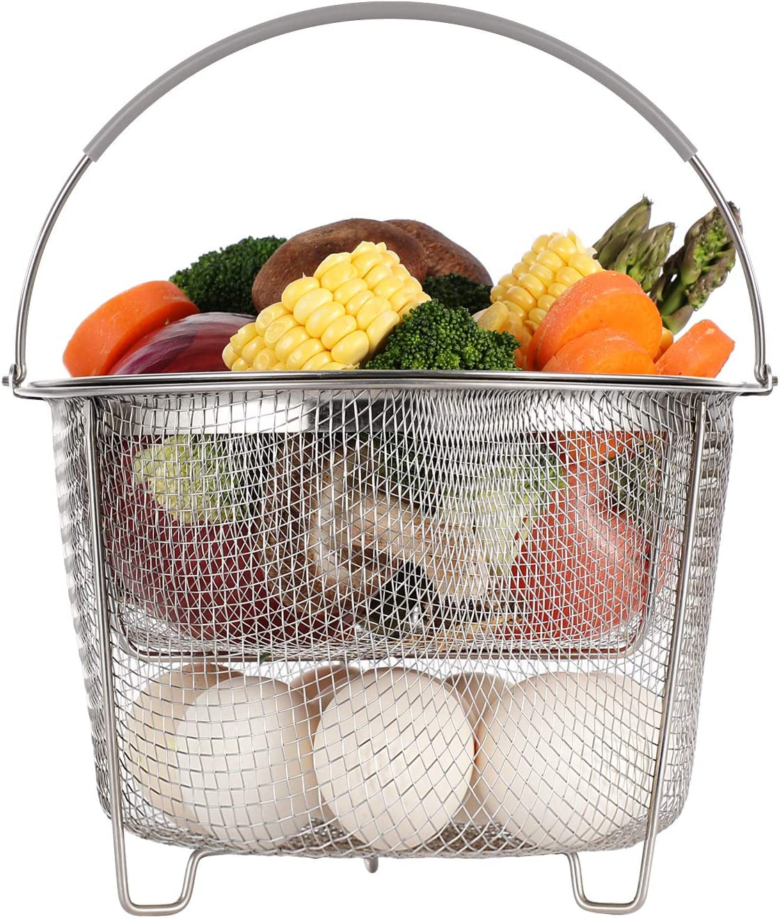 Steamer Basket for Instant Pot Accessories 6 Qt or 8 Quart - 2 Tier Stackable 18/8 Stainless Steel Mesh - Silicone Handle - Vegetable Steamer Insert, Egg Basket, Pasta Strainer,Silver