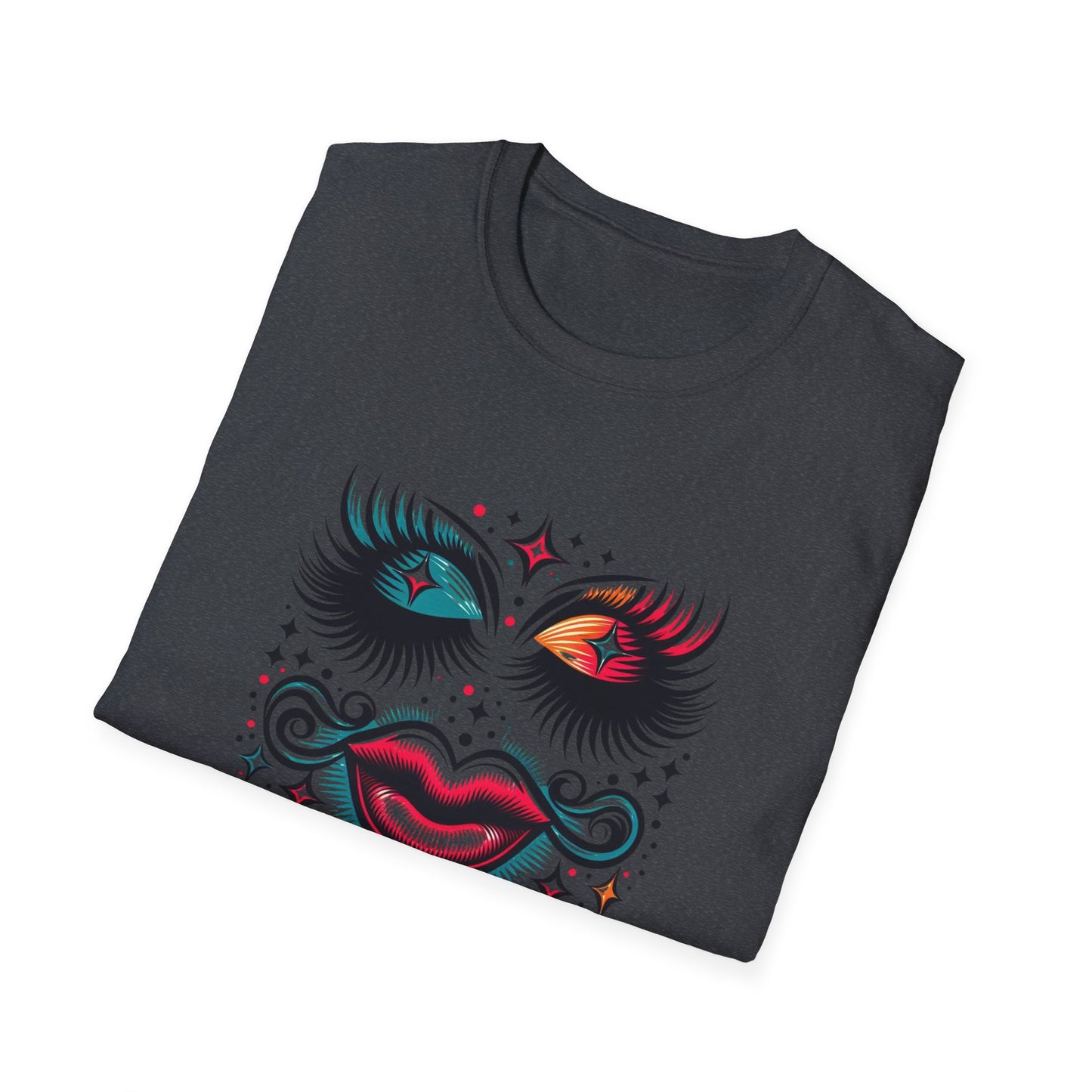 LASHES Vibrant Face Graphic T-Shirt - Unisex Softstyle Tee for Festivals & Celebrations