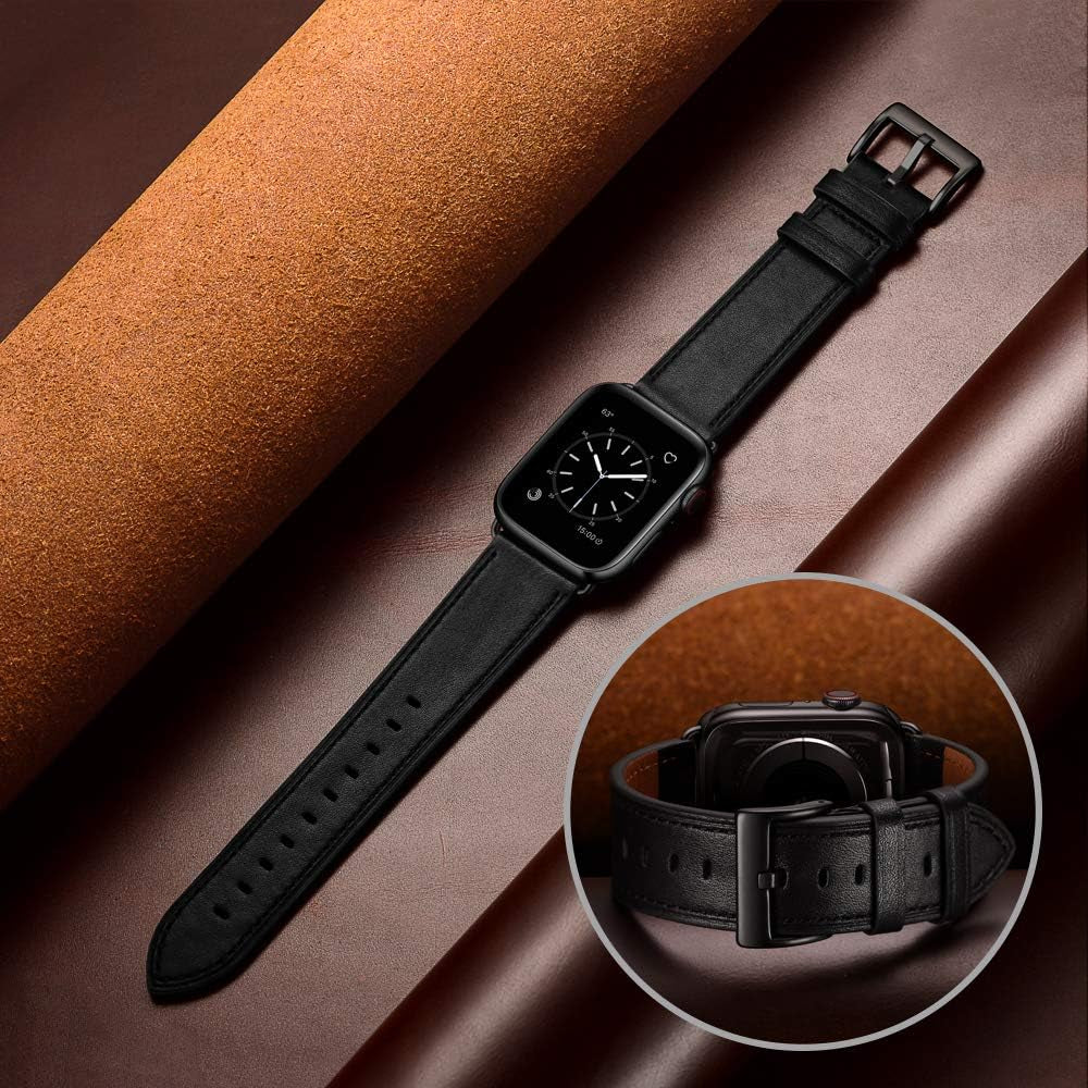 Compatible with Apple Watch Band 49Mm 45Mm 44Mm 42Mm, Genuine Leather Band Replacement Strap Compatible with Apple Watch Ultra 2/1 Series 9/8/7/6/5/4/3/2/1/SE/SE2, Black Band with Black Adapter
