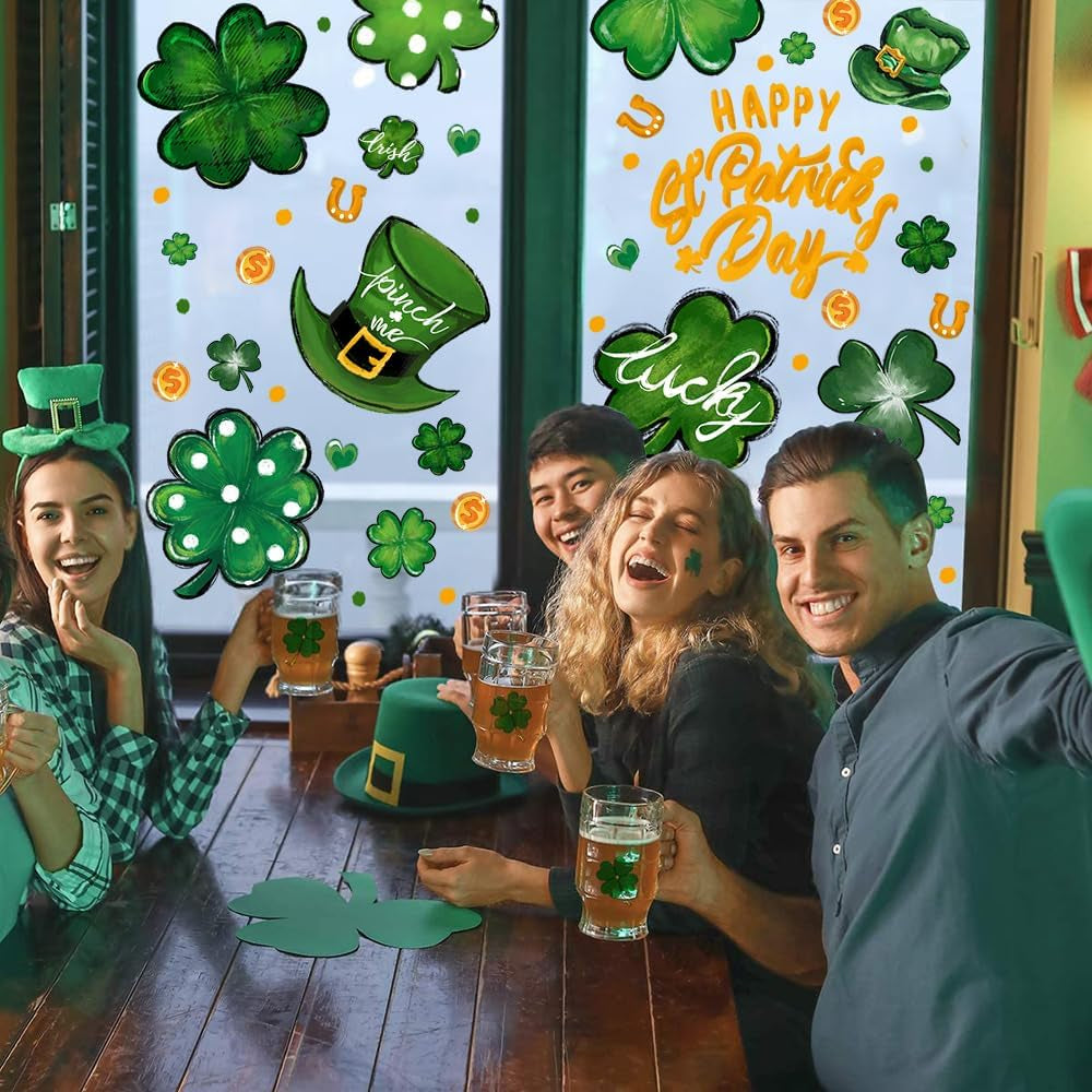6 Sheets St. Patrick'S Day Window Clings, Extra Large Good Luck Shamrock Window Decals Stickers for St. Patrick'S Day Glass Home Decor and Spring Window Decoration