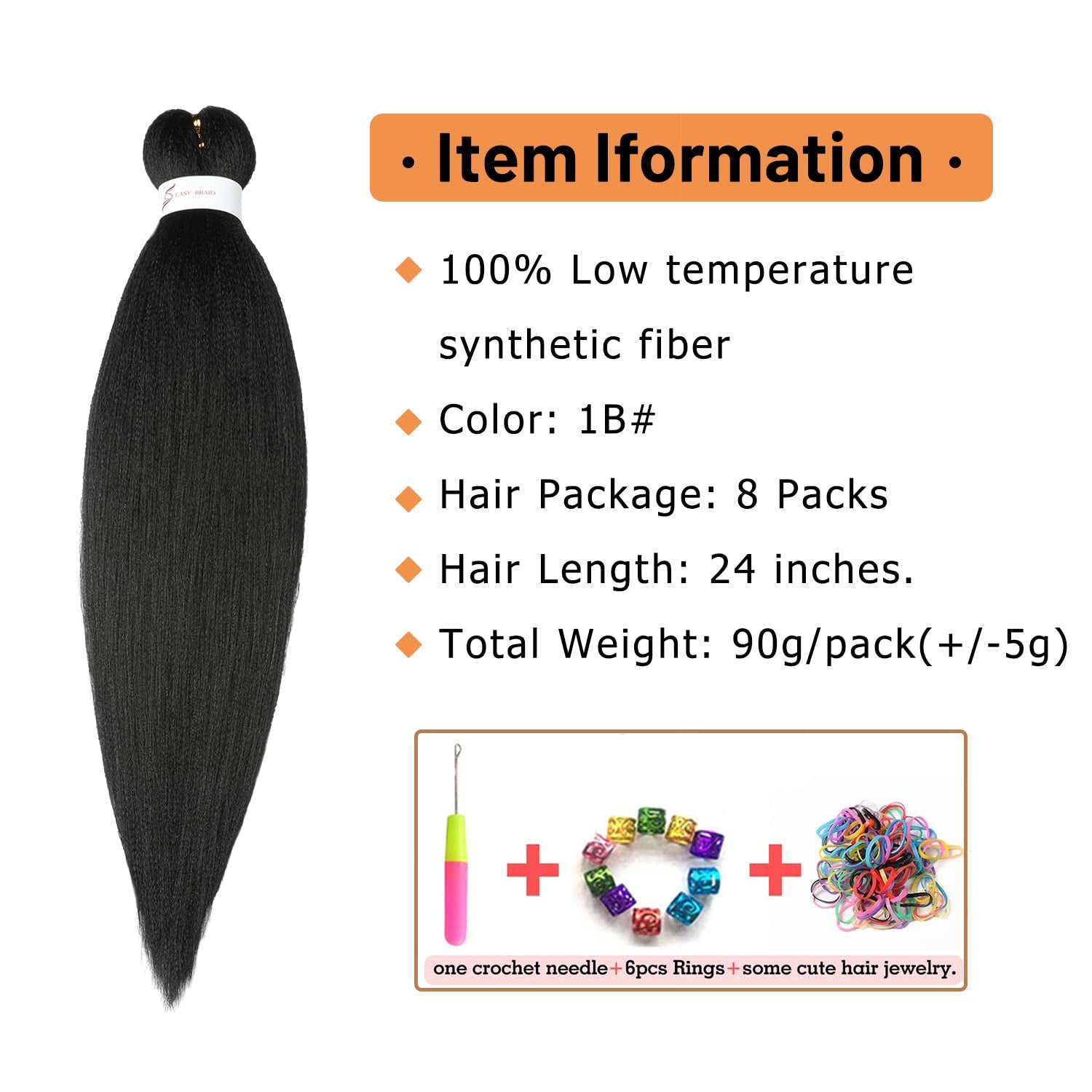 Braiding Hair Pre Stretched 24 Inch 8 Packs Natural Black Easy Braid Synthetic Professional Soft Yaki Texture,No Itch, Hot Water Setting Hair Extensions for Braids (24In,1B#)