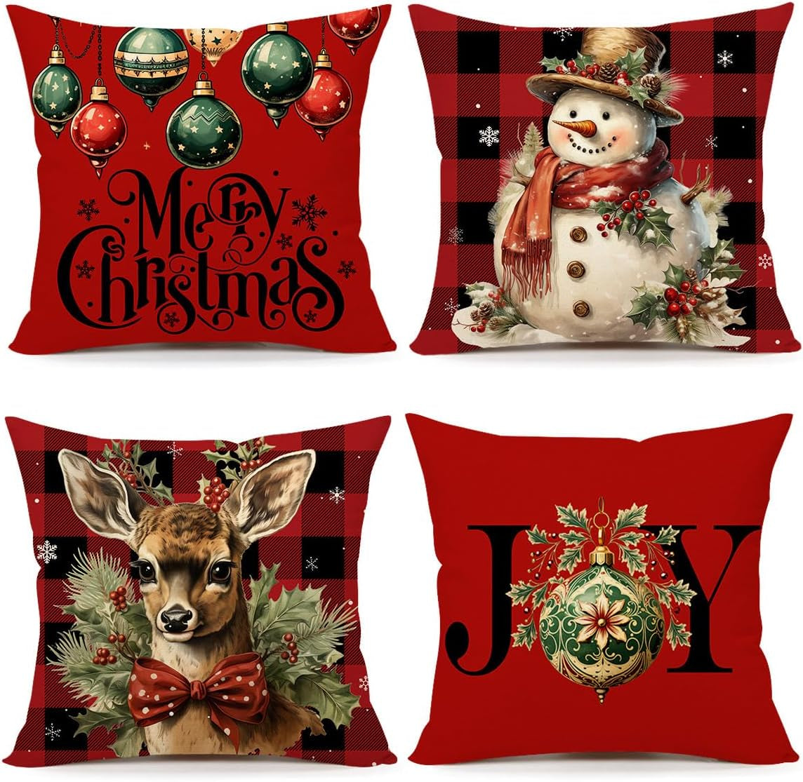 Buffalo Check Christmas Pillow Covers 18X18 Set of 4 Red Black Farmhouse Xmas Decorations Snowman Deer Joy Winter Holiday Decor Throw Cushion Case for Home Couch S24C03