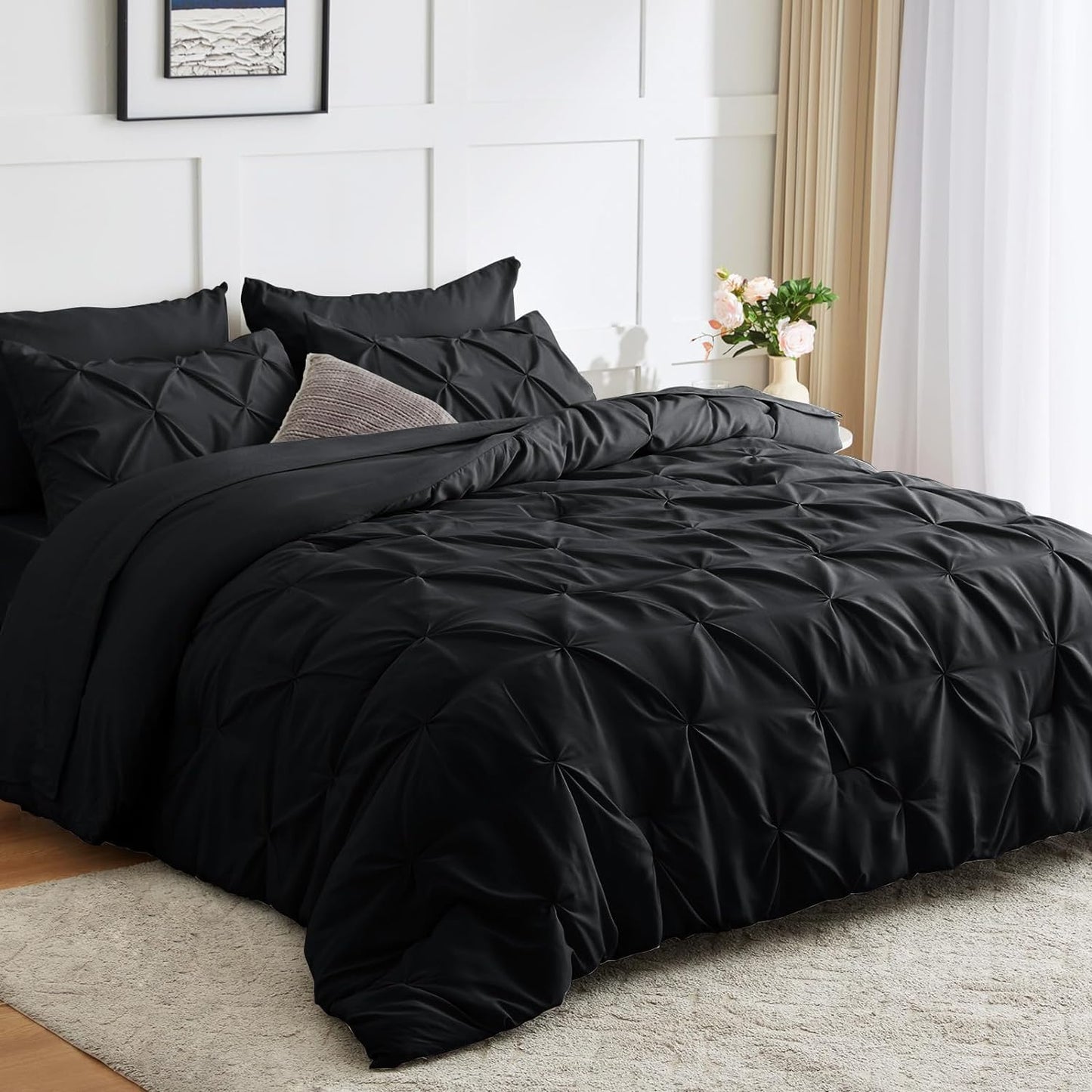 King Size Comforter Set - 7 Pieces Bed in a Bag Black, Pintuck Comforter King Size Pinch Pleat Bedding Sets with All Season Comforter, Flat Sheet, Fitted Sheet and Pillowcases & Shams