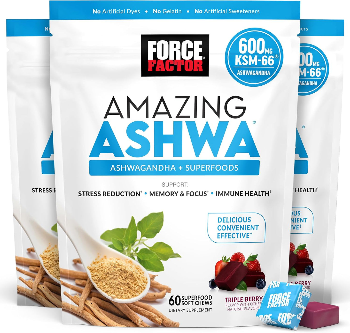 Amazing Ashwa for Stress Relief, Memory, Focus, and Immune Support Health, Ashwaganda Supplement with KSM-66 Ashwagandha for Stress, 60 Soft Chews TLBH