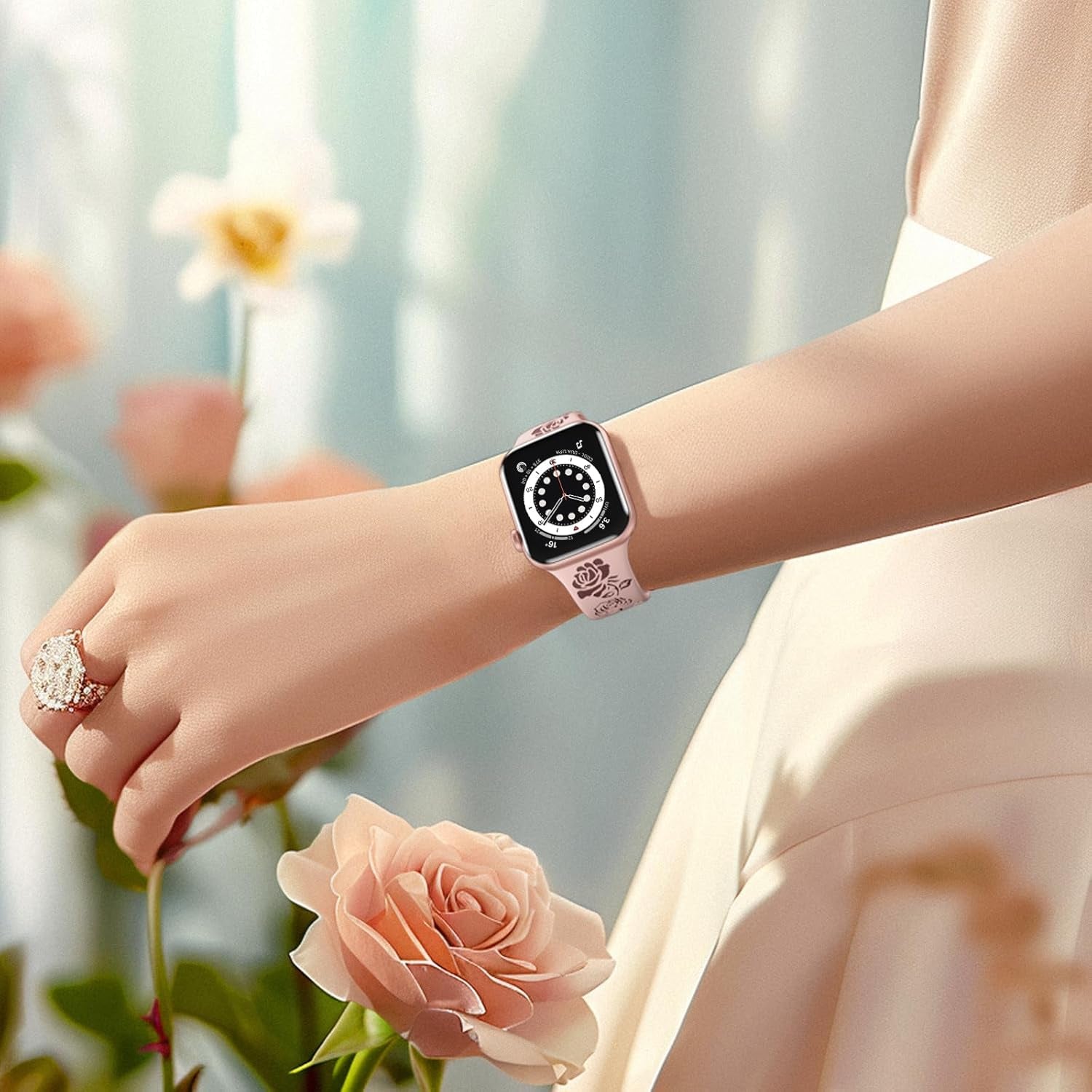 Floral Engraved Band Compatible with Apple Watch Bands 40Mm 41Mm 38Mm 44Mm 45Mm 42Mm 49Mm Women, Cute Two Tone Flower Soft Silicone Sport Strap for Iwatch Series 9 8 7 6 5 4 3 2 1 SE Ultra 2