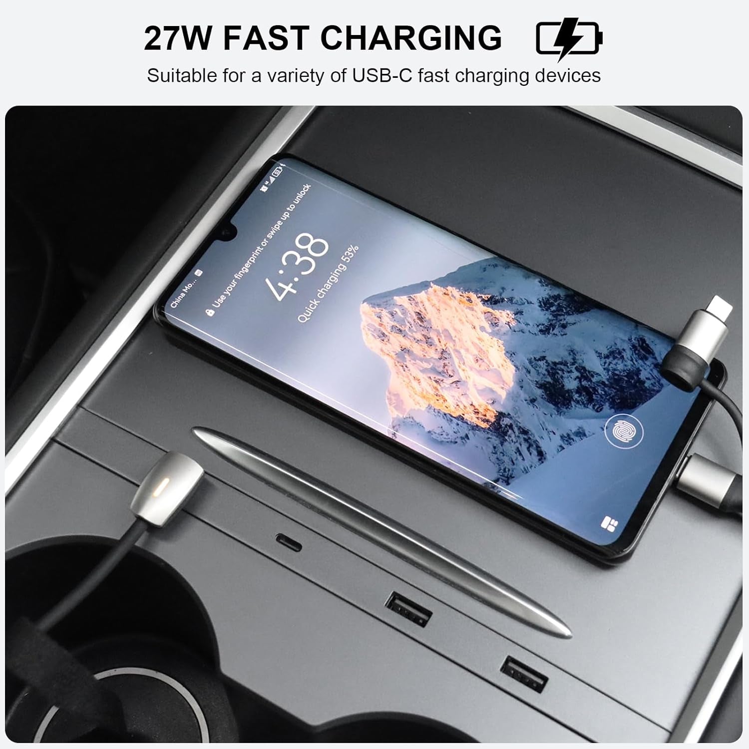 USB Hub for Tesla Model Y 2021-2024 Model 3 2021-2023 Center Console, Support USB-C Fast Charging, Docking Station Accessories for Tesla Model 3/Y, Silver Gray