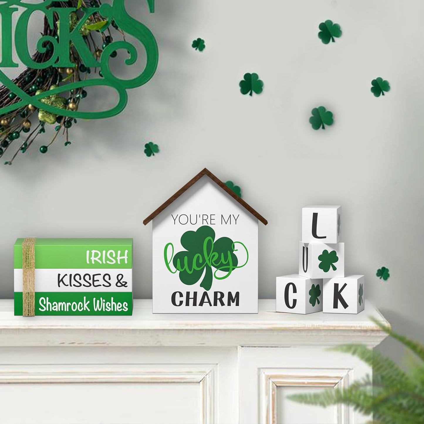 St. Patrick'S Day Decorations Shamrock Decor Faux Books, 8 Pcs St. Patricks Day Tiered Tray Decor Book Stack Lucky Wooden Signs, Farmhouse Rustic Wooden Decor for Home Kitchen Table