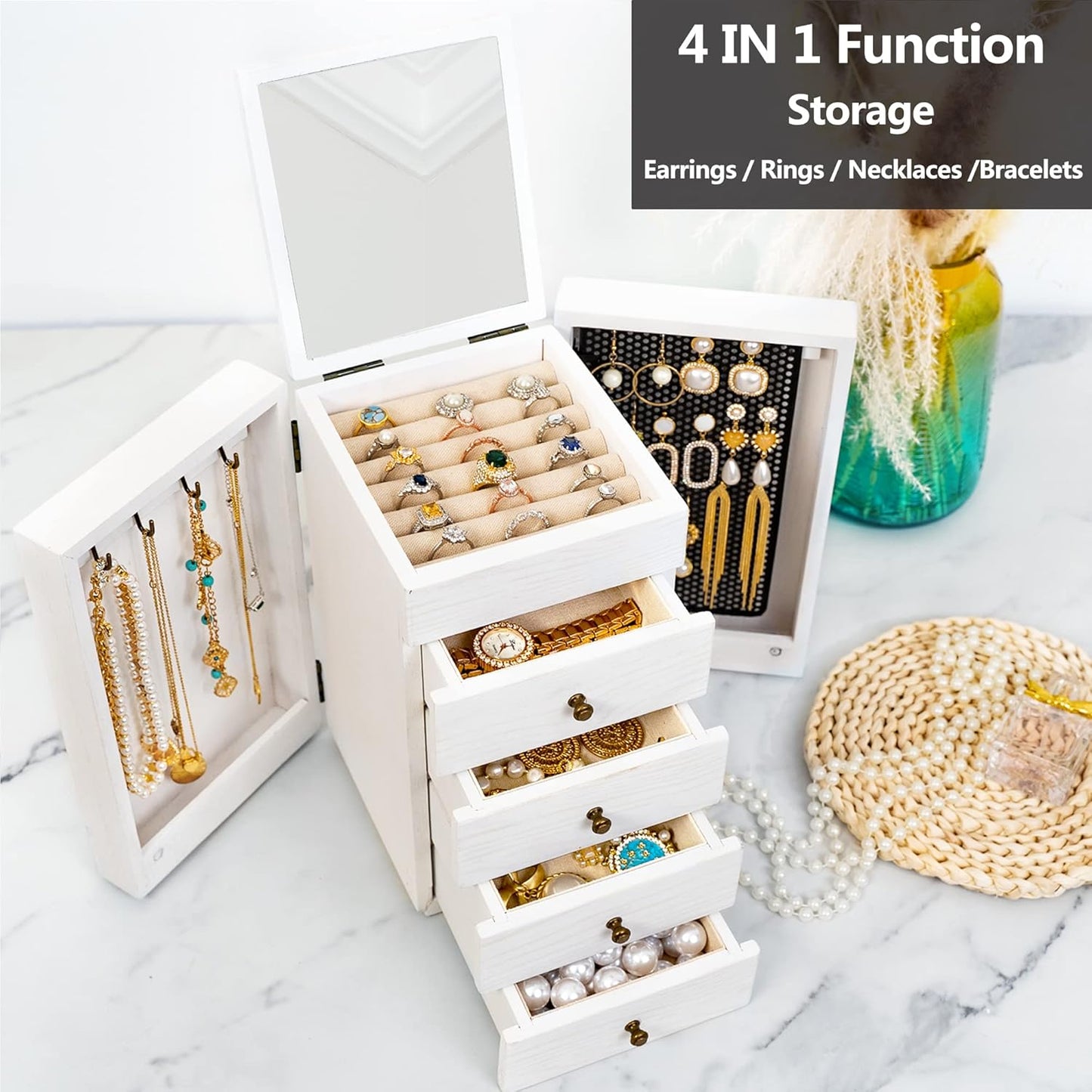 Jewelry Box Wood for Wowen, 5-Layer Large Organizer Box with Mirror & 4 Drawers for Rings, Earrings, Necklaces, White