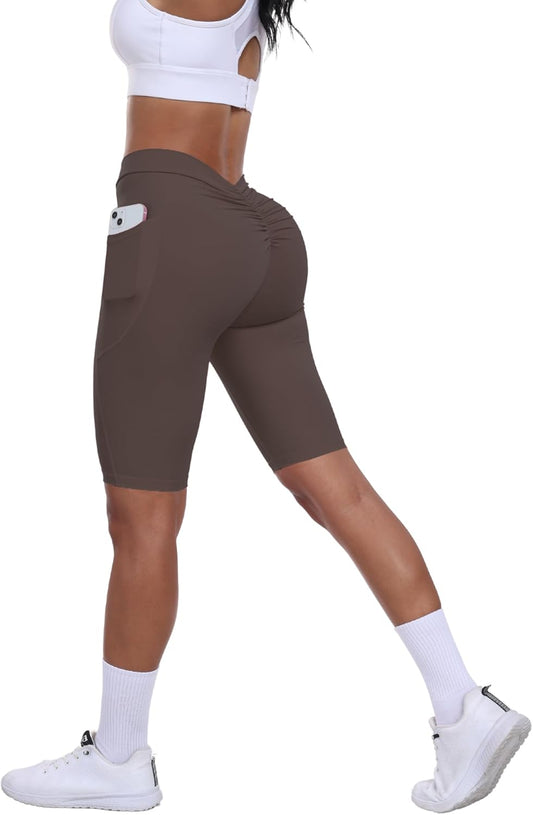 V Back Biker Shorts with Pockets Scrunch Butt Lifting Shorts for Women Athletic Gym Yoga Booty Shorts