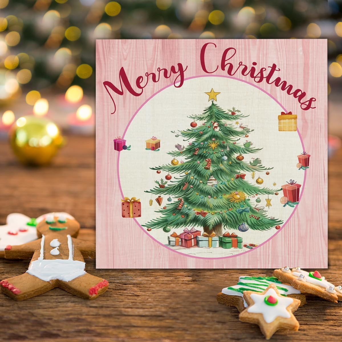 Pink Christmas Decor, Merry Christmas Wooden Sign Home Decor, Christmas Tree Wooden Block Sign, Christmas Decor for Table Shelf 5 X 5 Inch