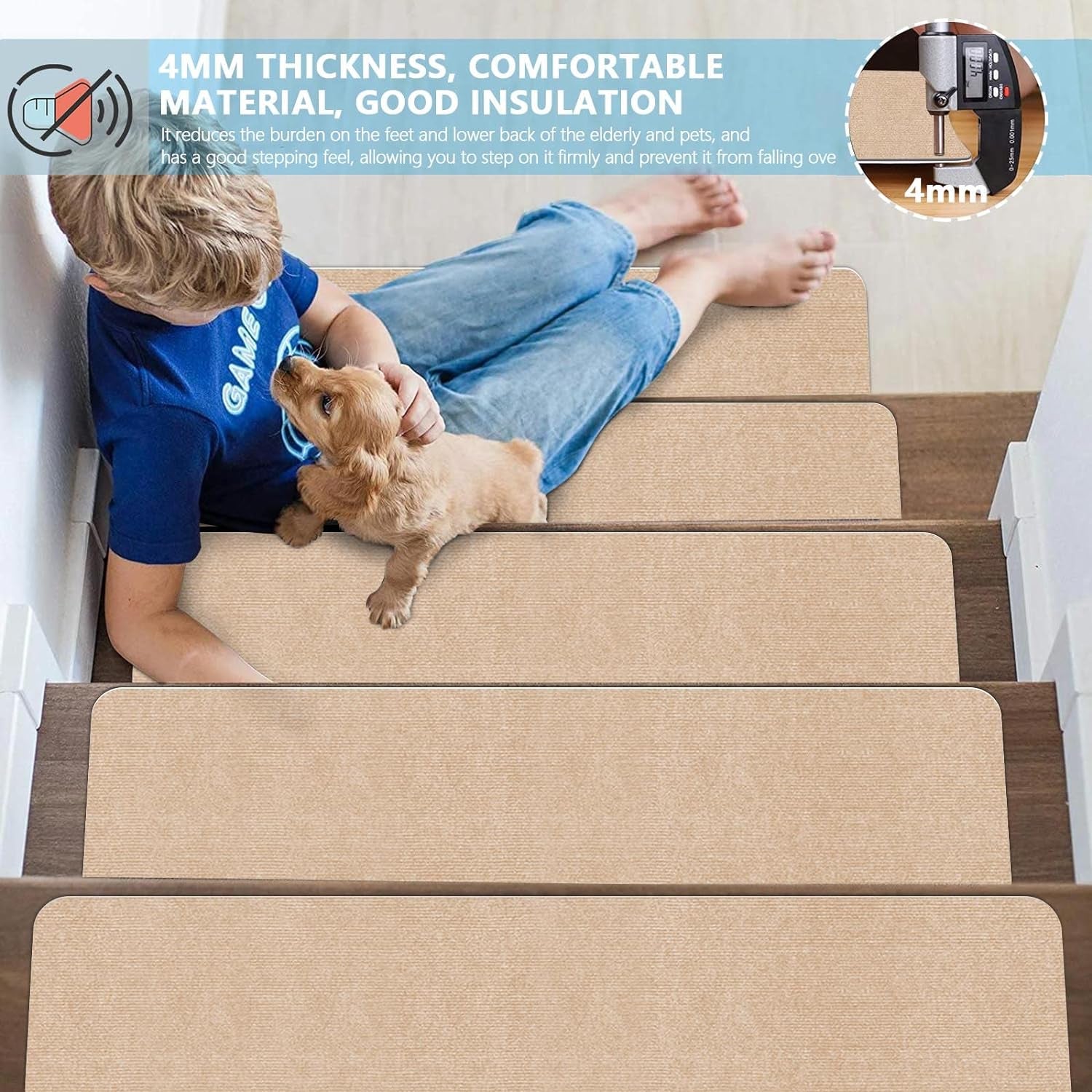 8" X 30" (15 in Pack) Non-Slip Stair Treads Carpet for Wooden Steps, Self-Adhesive Stair Treads Mat, Safety Indoor Stair Runner Mats, anti Slip Stair Rugs for Kids Elders and Dogs，Beige