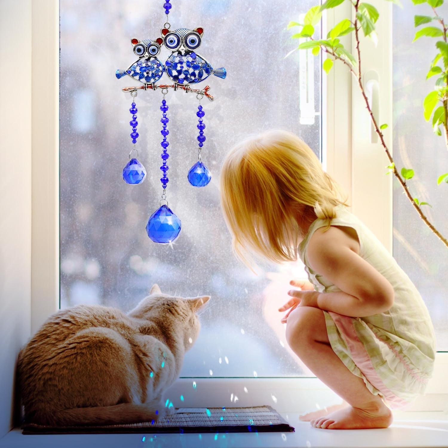 Crystals Suncatcher Blue Evil Eye Owl,Sun Catchers Indoor Window,Crystal Prism Window Decoration,Home Decor Aesthetic,Patio Decor/Mother'S Day/Christmas/Wedding Decoration