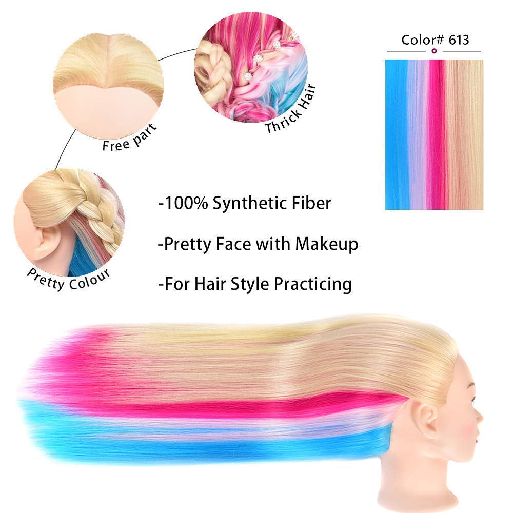 Mannequin Head with Long Synthetic Fiber Colorful Hair Styling Training Head 26-28Inch Manikin Cosmetology Doll Head Hairdressing Training Model for Cutting Braiding Practice and Free Clamp Holder