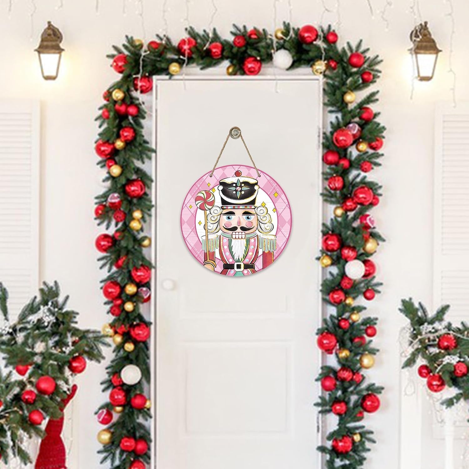 Christmas Nutcracker Front Door Sign, Pink Xmas Soldier Candy Buffalo Plaid Check Wood Door Hanger Outdoor outside Porch Decor, Farmhouse Holiday Wooden Wreath Indoor Wall Hanging Decoration