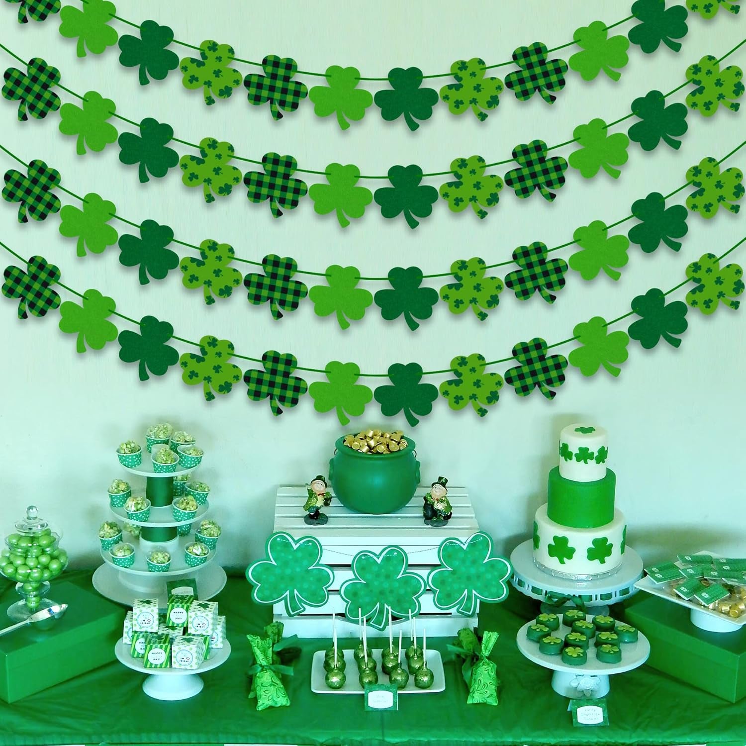 4PCS Felt Shamrock Clover Garland Banner - NO DIY, St. Patrick'S Day Decorations - Buffalo Plaid Dark Green Light Green Happy St. Patrick'S Day Banner for Home Mantel Office Irish Day Party Supplies