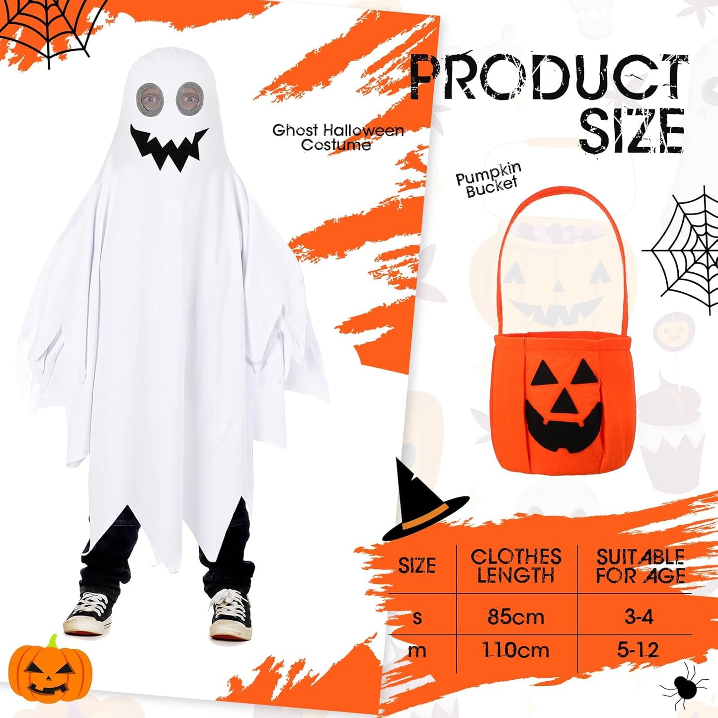 Halloween Kids Ghost Costume Toddler Ghost Costume with Pumpkin Bucket for Boys Girls Cosplay Trick or Treating Party