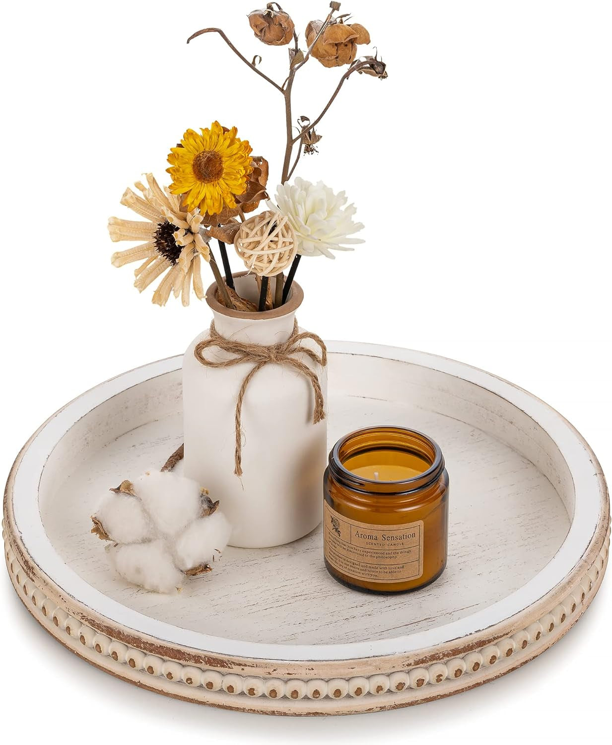 Decorative Serving Tray Wood: White Washed Bead round Tray Decor for Coffee Table Rustic Wooden Trays Farmhouse Centerpiece for Living Room Kitchen Counter