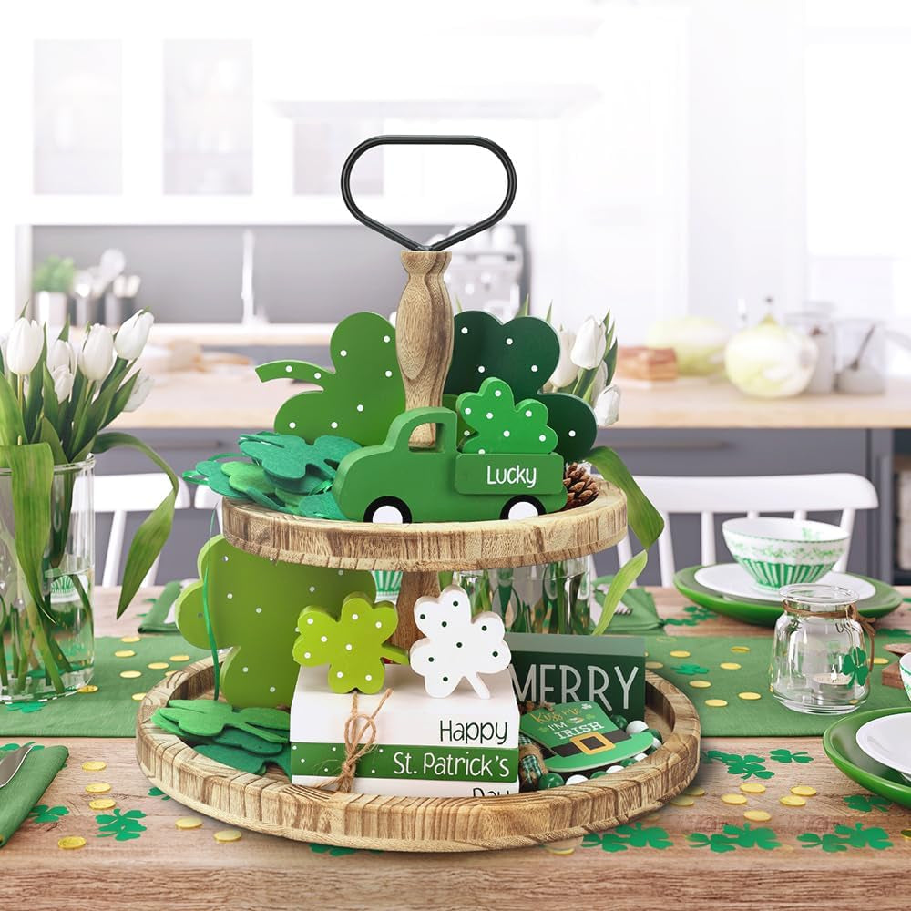 St Patricks Day Decorations, St Patricks Day Decor - Wooden Book Stack & Green Truck & 3 Shamrock Decor for Table, Tiered Tray, Office Desk, Mantel, Saint Patricks Day Decorations for Home