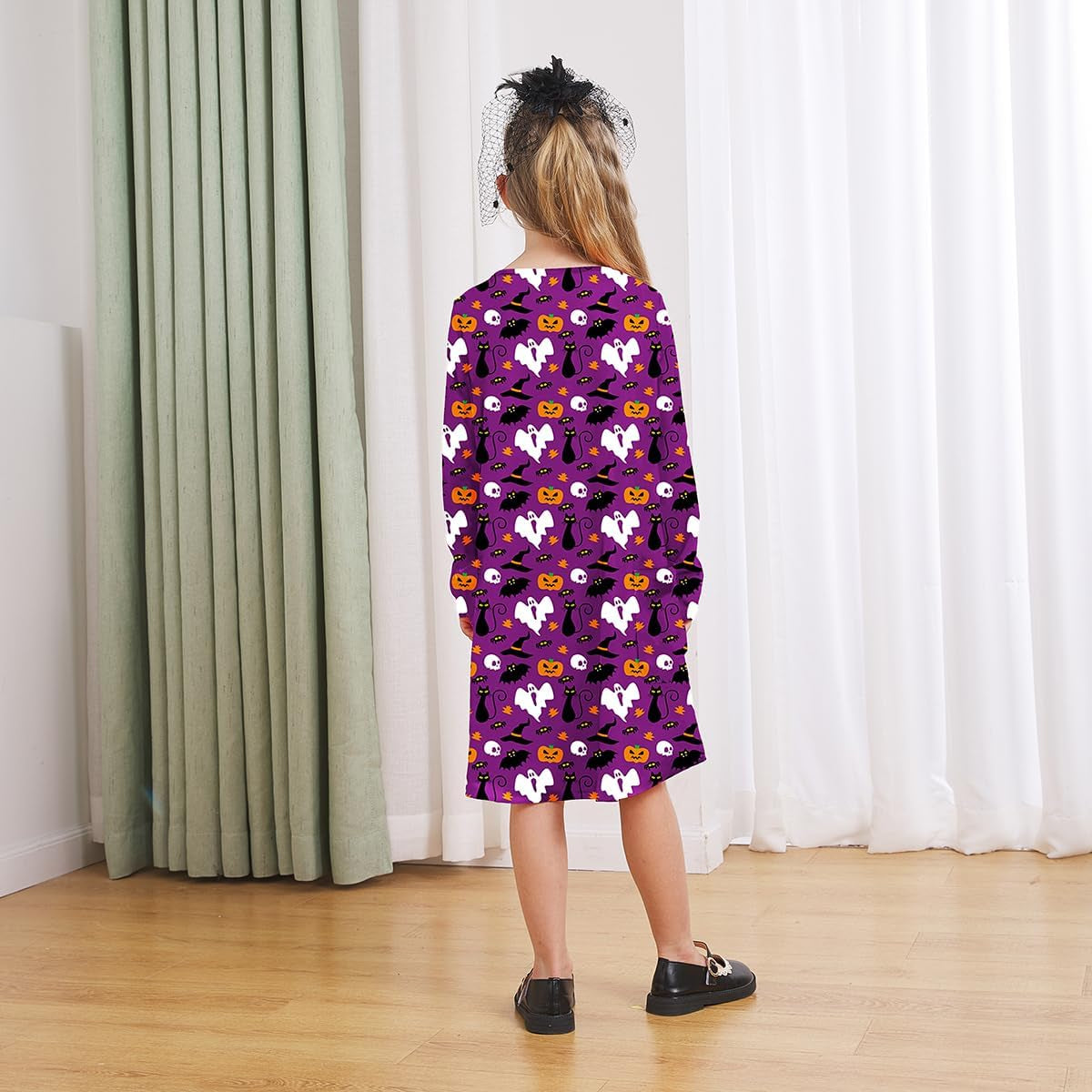 Girls Halloween Costumes Dresses for Kids Costume Dress Long Sleeve Printed Shirt Dresses with Pockets