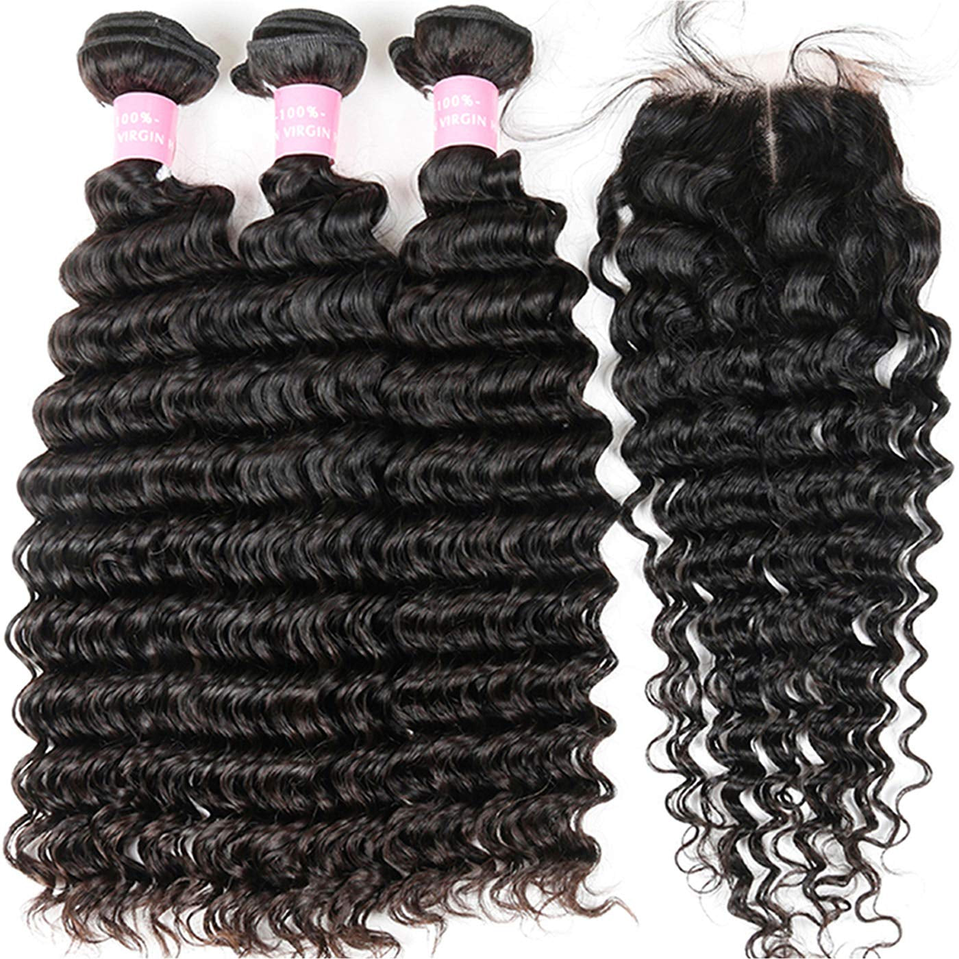 Brazilian Deep Wave Bundles with Closure Virgin Human Hair Bundles with Closure 4×4 Lace Mixed Length Hair Bundles Natural Color for Black Women 100% Unprocessed  (16 18 20+14)