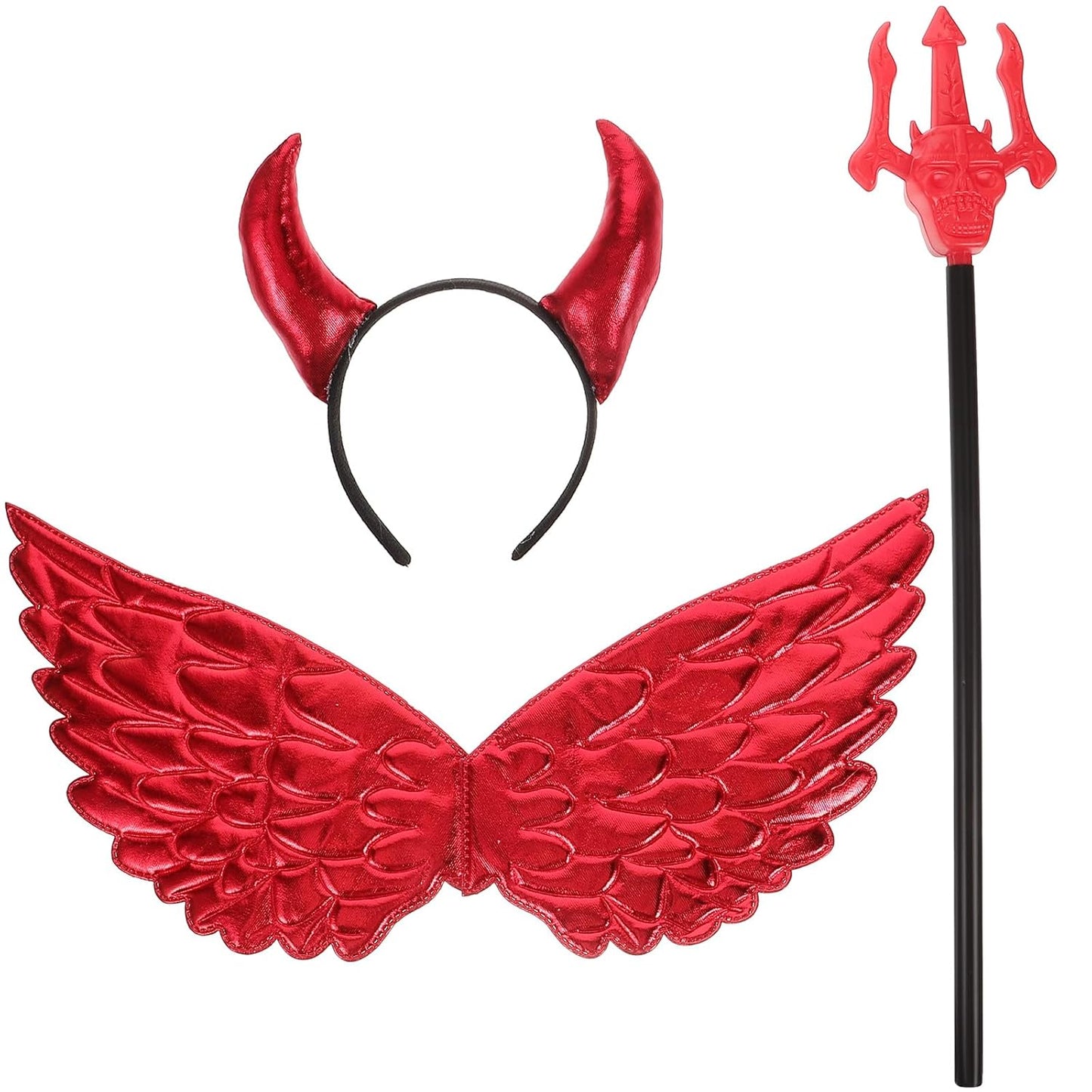 1Set Halloween Devil Costume Set Red Demo Costume Accessories Kit with Devil Wing Horn Headband Red Pitchfork for Halloween Party Favor Supplies