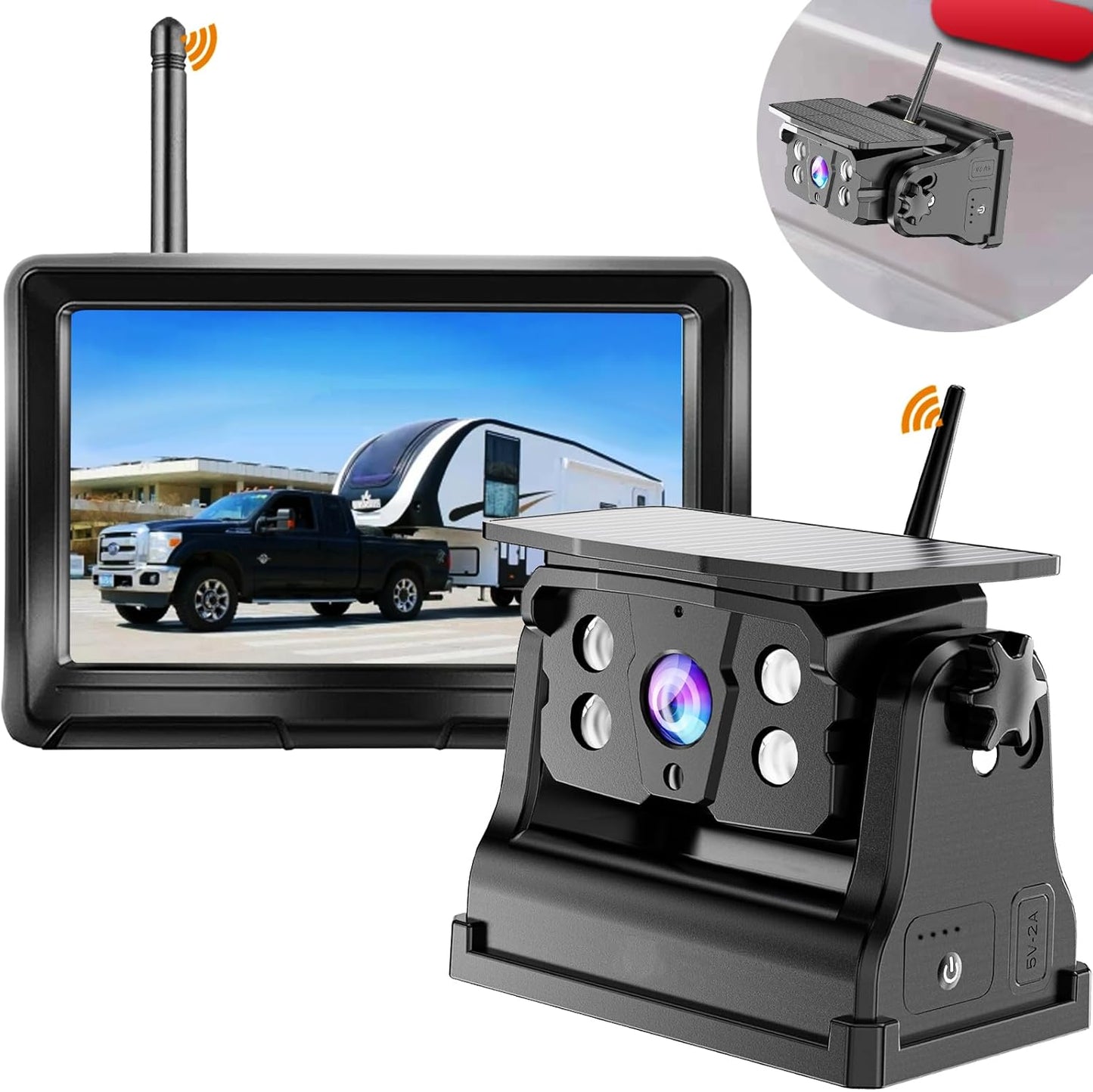 Wireless Backup Camera Solar Magnetic for Car RV Trailer Truck Camper 5Th Wheels Hitch Towing No Wiring No Drilling Rechargeable Night Vision Portable Backup Camera with 5" 1080P HD 2-Split Monitor TRUCK DRIVER
