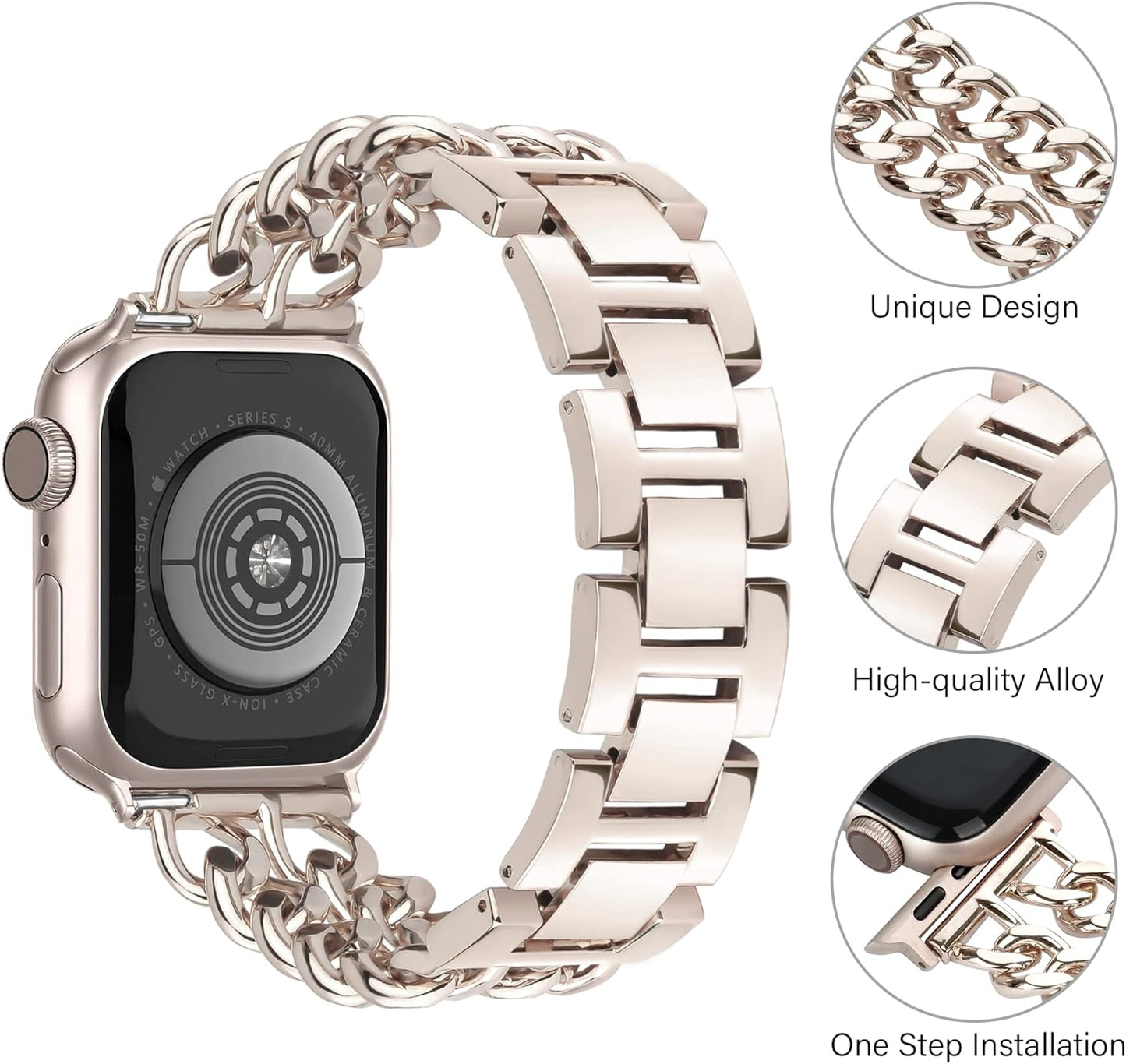 Metal Band Bracelet Compatible with Apple Watch Series 9 8 SE 7 6 5 4 3 2 1 Ultra 2 1,Dressy Iwatch Bands for Women Men,Chain Design Adjustable Bands for Apple Watch 41Mm 40Mm 38Mm(Starlight)