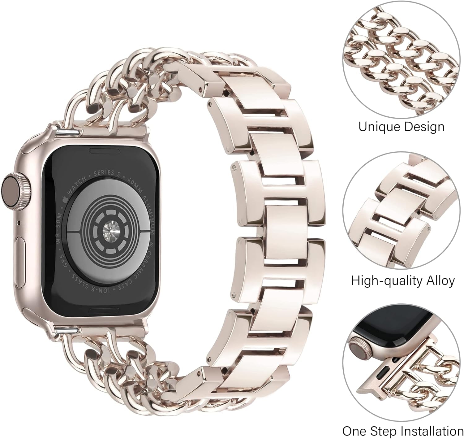Metal Band Bracelet Compatible with Apple Watch Series 9 8 SE 7 6 5 4 3 2 1 Ultra 2 1,Dressy Iwatch Bands for Women Men,Chain Design Adjustable Bands for Apple Watch 41Mm 40Mm 38Mm(Starlight)