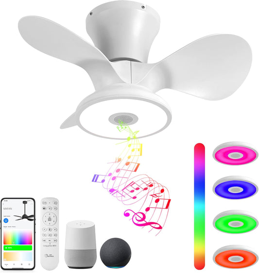 Smart Wifi Flush Mount Ceiling Fan with Lights,Bluetooth Ceiling Fan with Speaker and Remote/App/Alexa Control,Dimmable RGB Light,Low Profile 6 Speeds Reversible Blades for Bedroom Kitchen Living Room