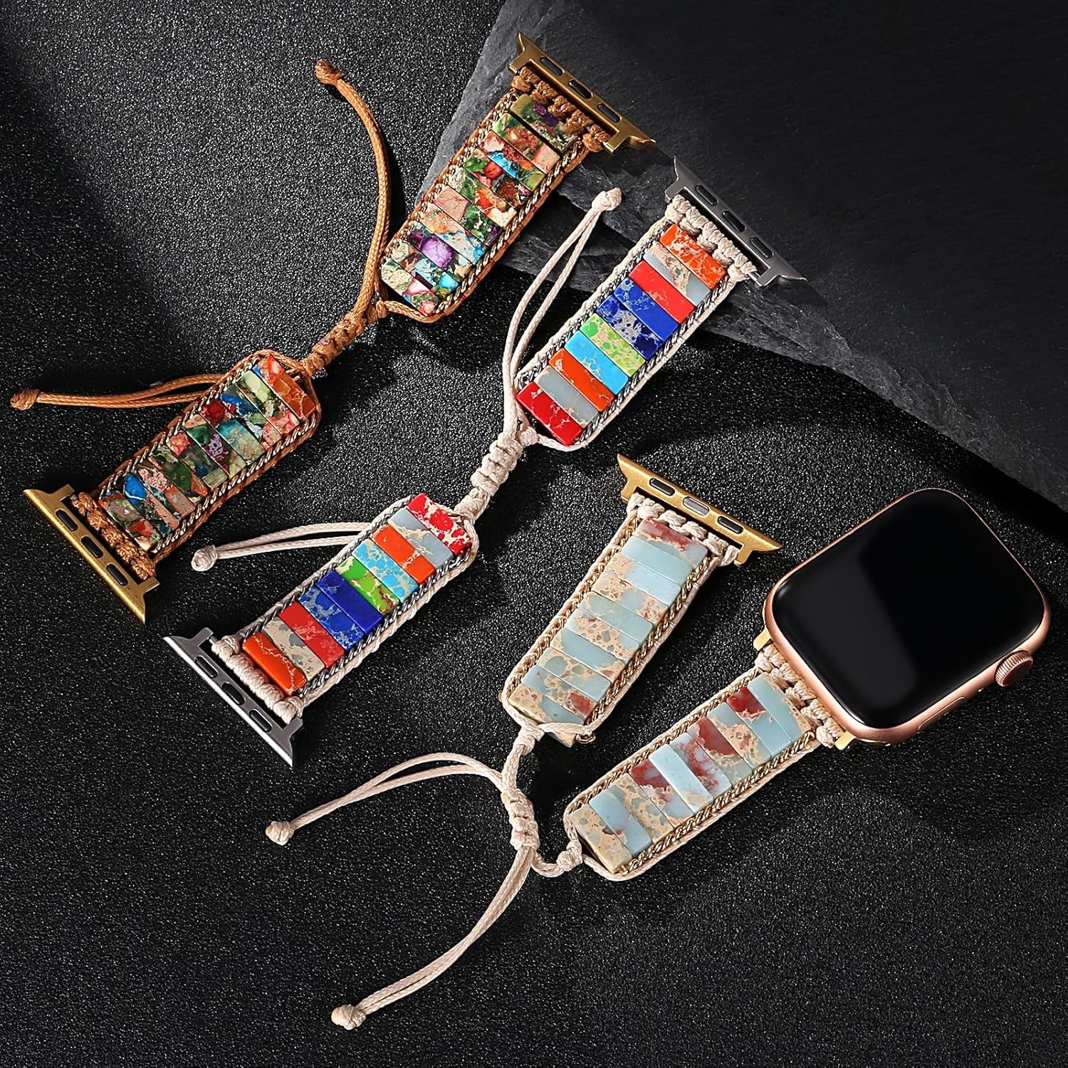 Beaded Boho Watch Band Compatible with Apple Watch Bands 38Mm 40Mm 41Mm 42Mm 49Mm 45Mm Handmade Natural Stones Multilayer Pearl Jewelry Adjustable Braided Bracelet Strap for Iwatch Series Ultra 8 7 6 5 4 SE