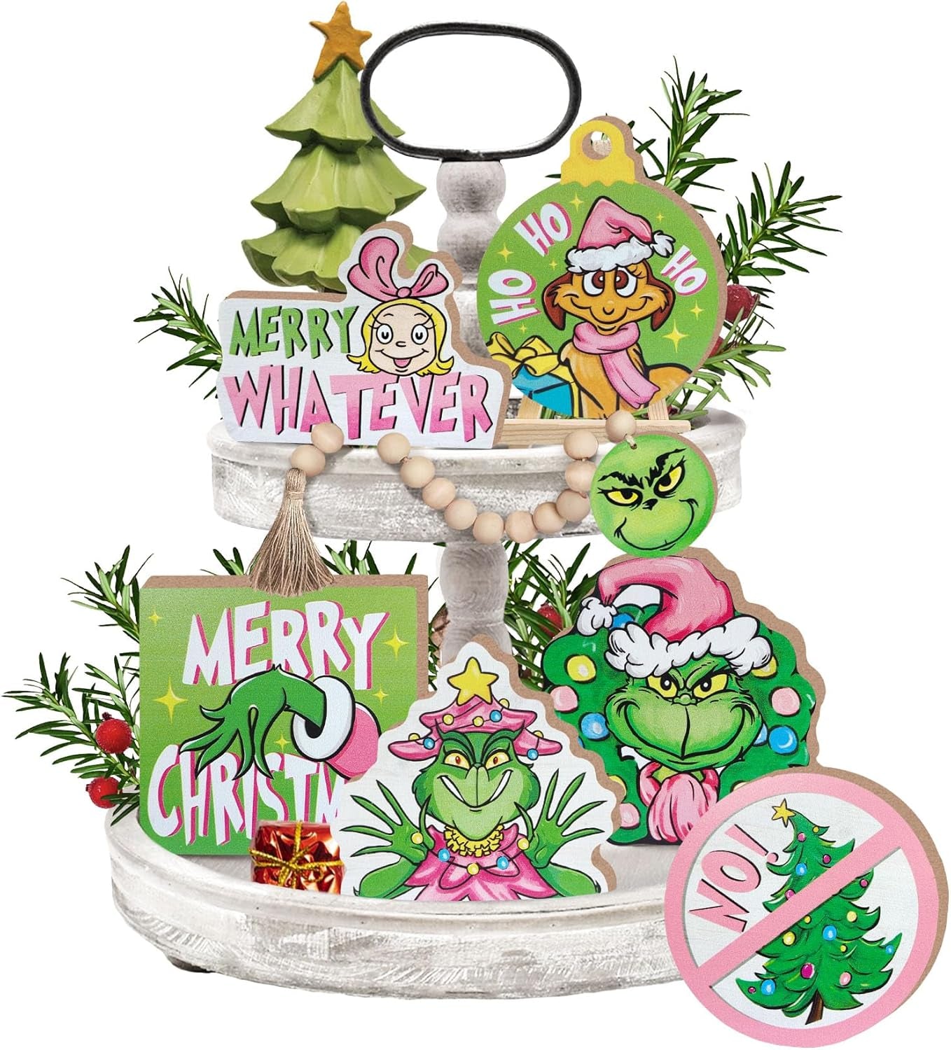 Merry Christmas Tiered Tray Decor, Pink Xmas Tree Tray Decorations Set, Max Dog Hohoho Merry Whatever Girl Winter Wooden Signs, Funny Holiday Farmhouse Rustic Home Decor for Table Shelf Party