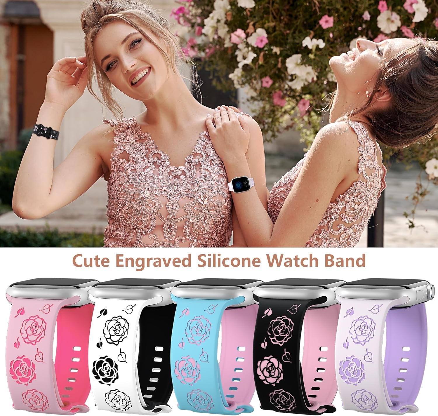 Floral Engraved Bands Compatible with Apple Watch 38Mm 40Mm 41Mm 42Mm 44Mm 45Mm 46Mm 49Mm Women,Two-Tone Flower Soft Silicone Sport Strap for Iwatch Ultra Series 10 9 8 7 6 5 4 3 2 1 SE