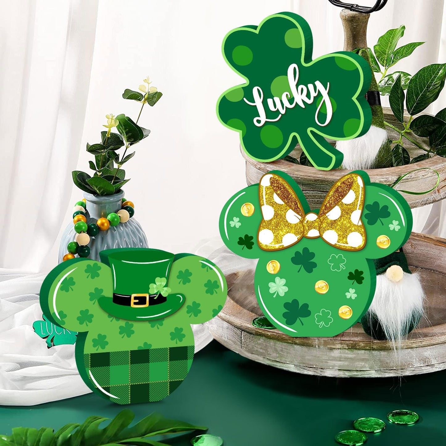 3Pcs St. Patrick'S Day Mouse Table Sign Decor, Shamrock Wooden Centerpieces Table Top Signs Tiered Tray Set for Happy St. Patrick'S Day Parties Indoor Irish Green Ornament Wood Home Decoration