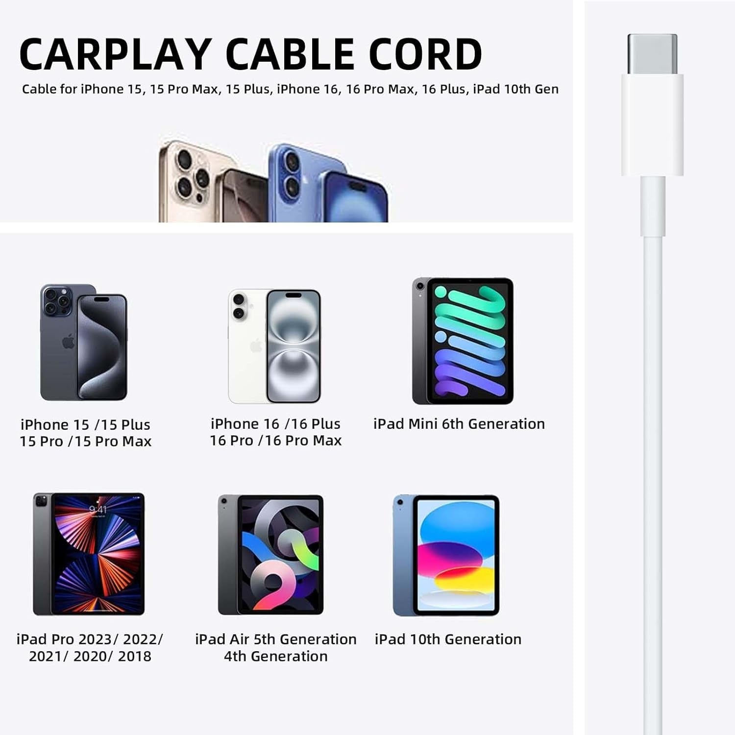 2 Pack USB-A to USB-C Car Carplay Cable for Iphone 16/15,16E, Iphone 16/15 Plus, Iphone 16/15Pro , Iphone16/15Pro Max Carplay USB C Cord,Ipad Usb C Cable 10Th, Ipad Air Car Charger Cable Cord (White)