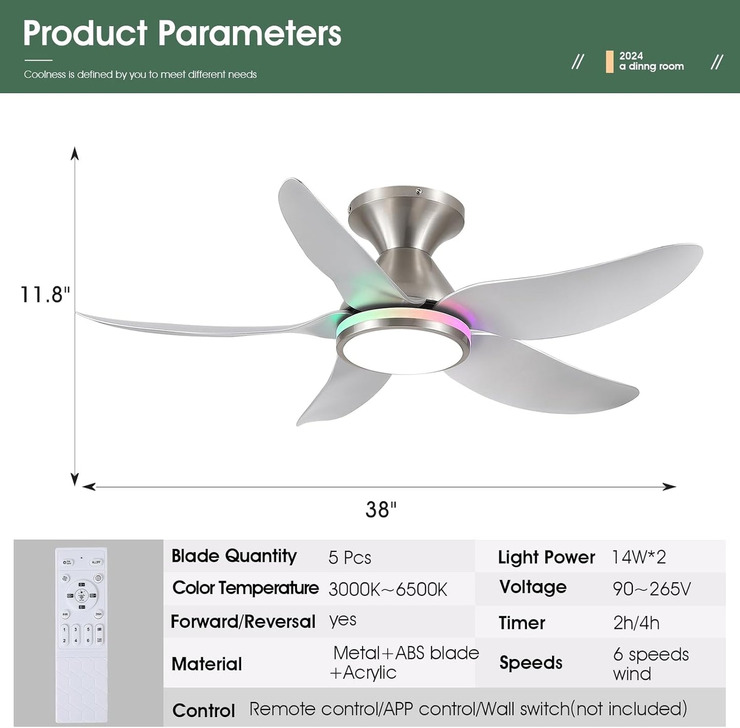 Ceiling Fans with Lights Remote/App Control, 38" Low Profile Ceiling Fans with Dimmable White Colors+Rgb Ring Lights, 6 Speeds 5 Reversible Blades for Kids Room Bedroom Living Room, Nickel