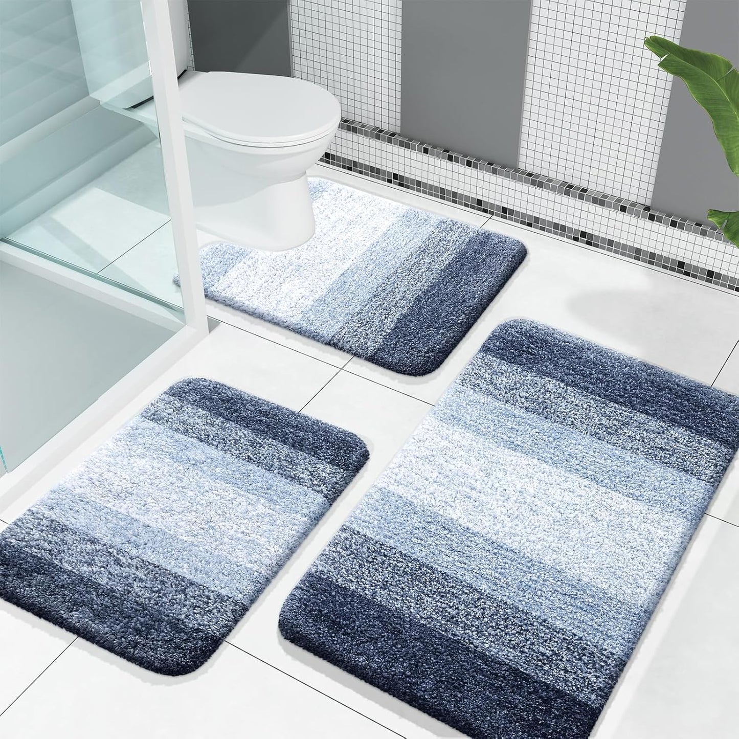Bathroom Rugs Sets 3 Piece, Soft Absorbent Microfiber Bath Rugs and U-Shaped Contour Toilet Rug Area Rug Set, Non-Slip Bath Carpet, Home Decor Accessories, Bath Mat Set for Bathroom, Black