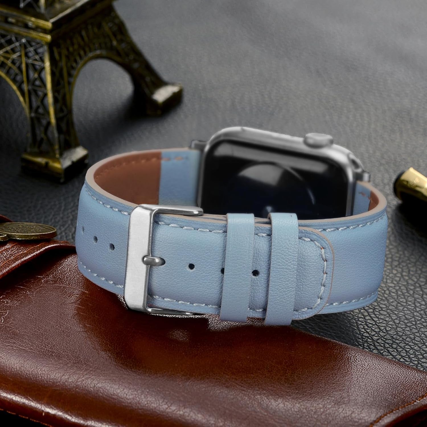 Bands Compatible with Apple Watch Band 49Mm 45Mm 44Mm 42Mm Men Genuine Leather Replacement Bands Compatible with Apple Watch Ultra 2 Ultra SE 2 SE Series 9 8 7 6 5 4 3 2 1, Blue