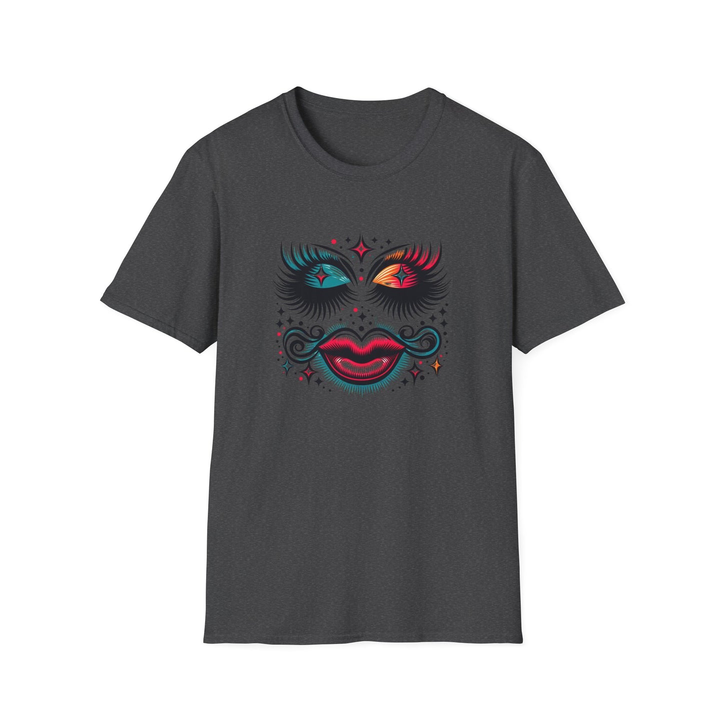 LASHES Vibrant Face Graphic T-Shirt - Unisex Softstyle Tee for Festivals & Celebrations