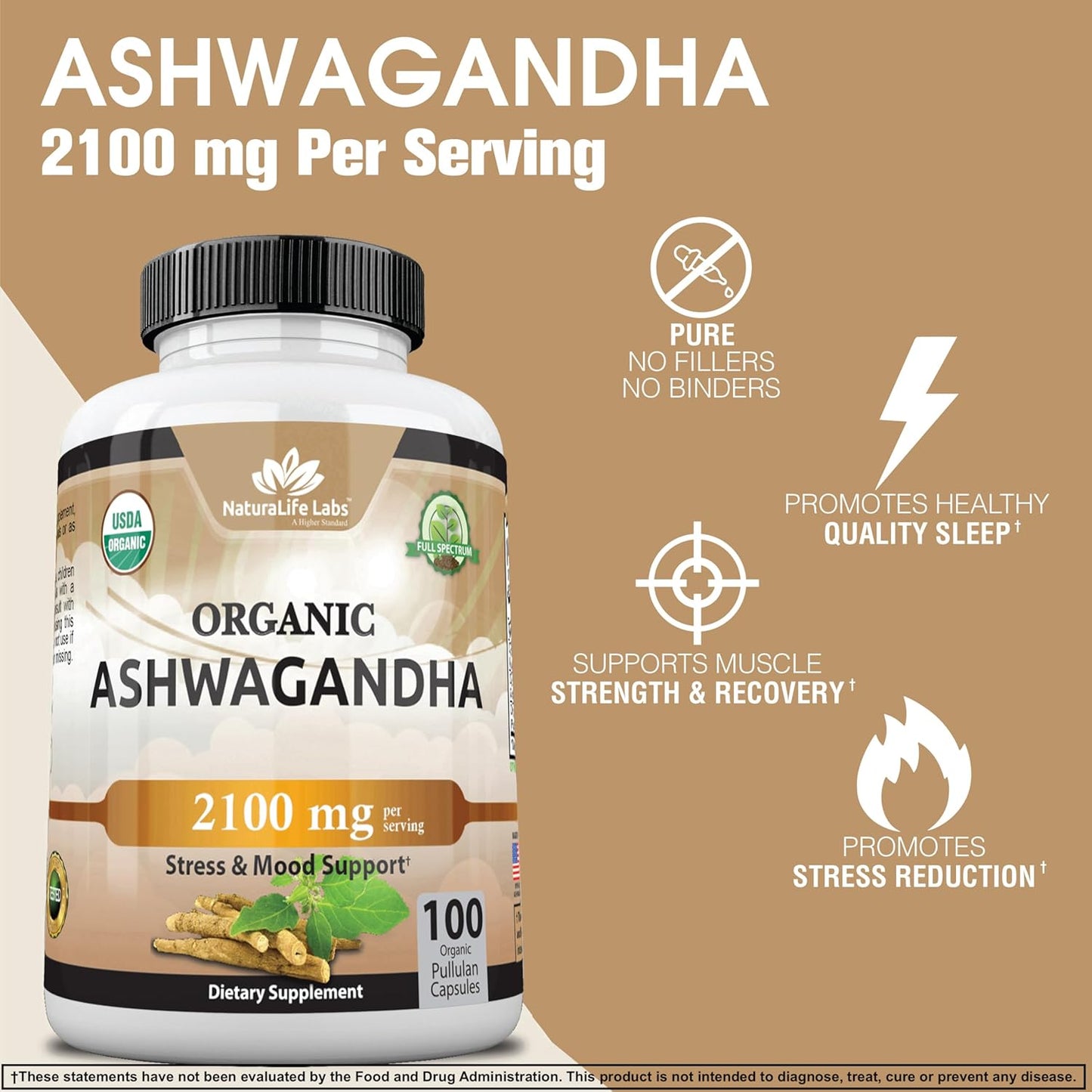 Organic Ashwagandha 2,100 Mg - 100 Veggie Capsules Pure Organic Ashwagandha Powder and Root Extract - Stress Relief, Mood Enhancer TLBH