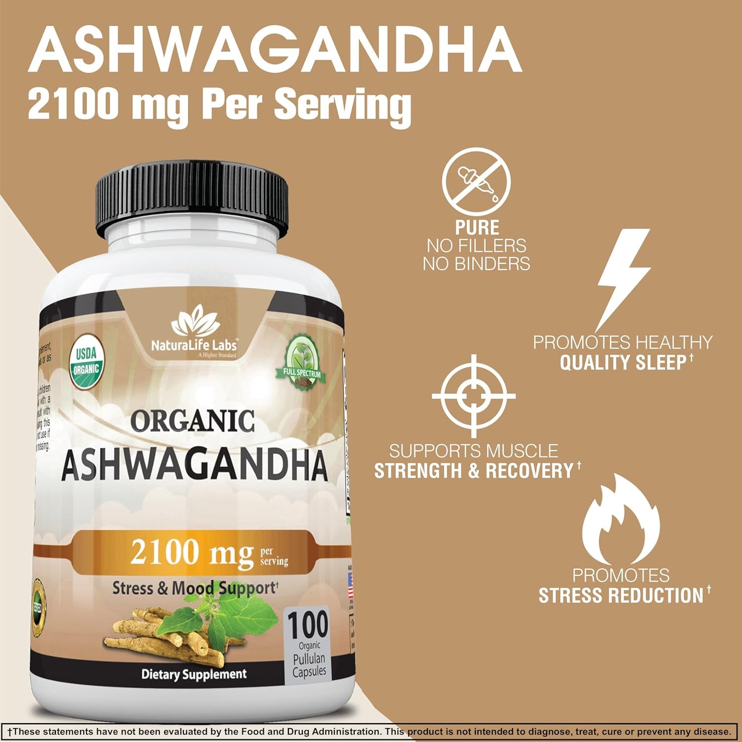 Organic Ashwagandha 2,100 Mg - 100 Veggie Capsules Pure Organic Ashwagandha Powder and Root Extract - Stress Relief, Mood Enhancer TLBH