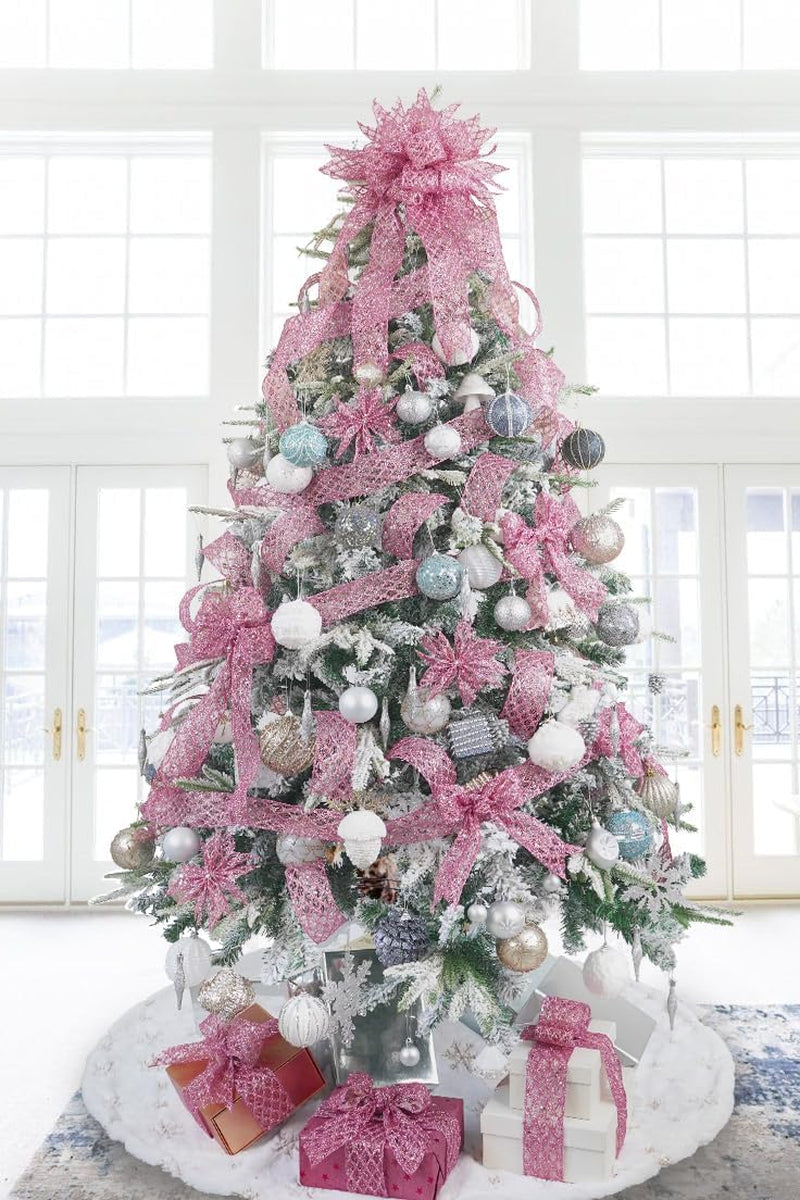 Pink Wired Ribbon 2.5 Inch Light Pink Christmas Ribbon Glitter Diamond Wire Ribbon for Christmas Tree, Large Bows Making, Wreaths, Garland, Gift Wrapping, Home Decor -10 Yards